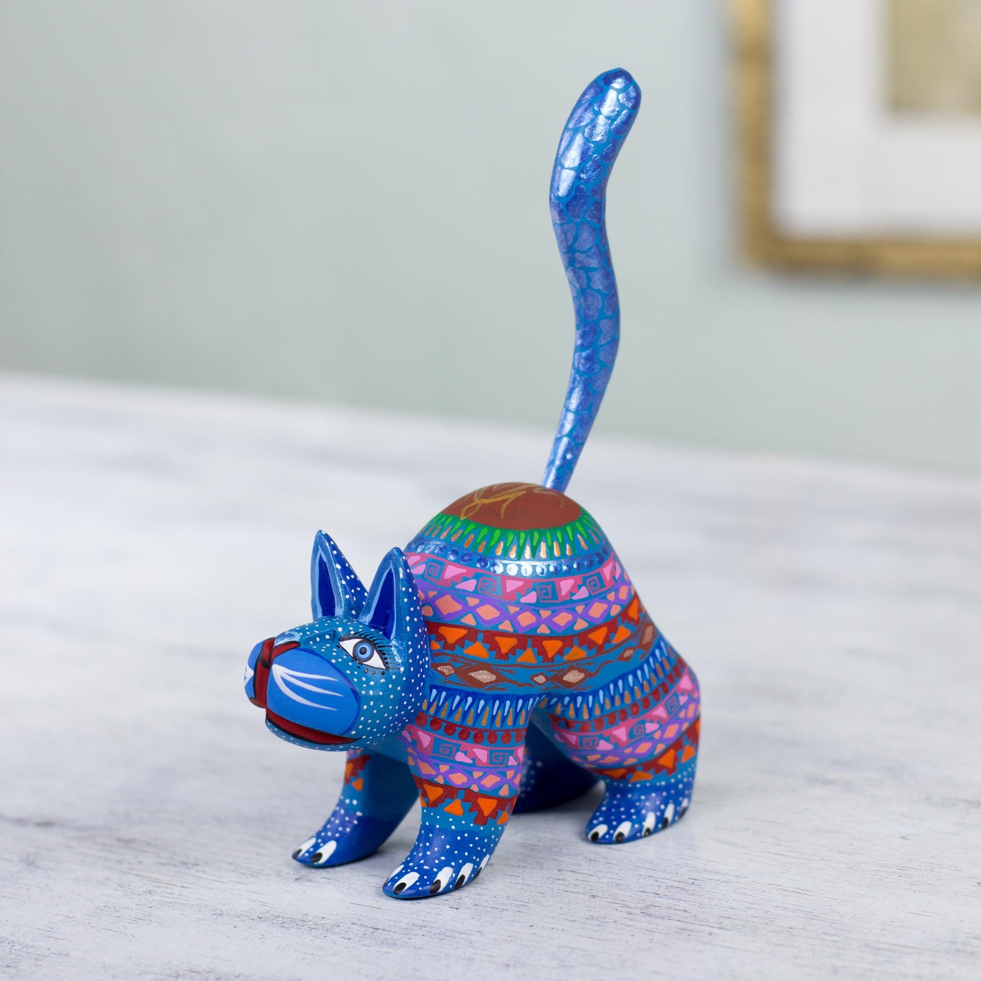 NOVICA Blue Cat Greeting Mexican Alebrije Cat Sculpture