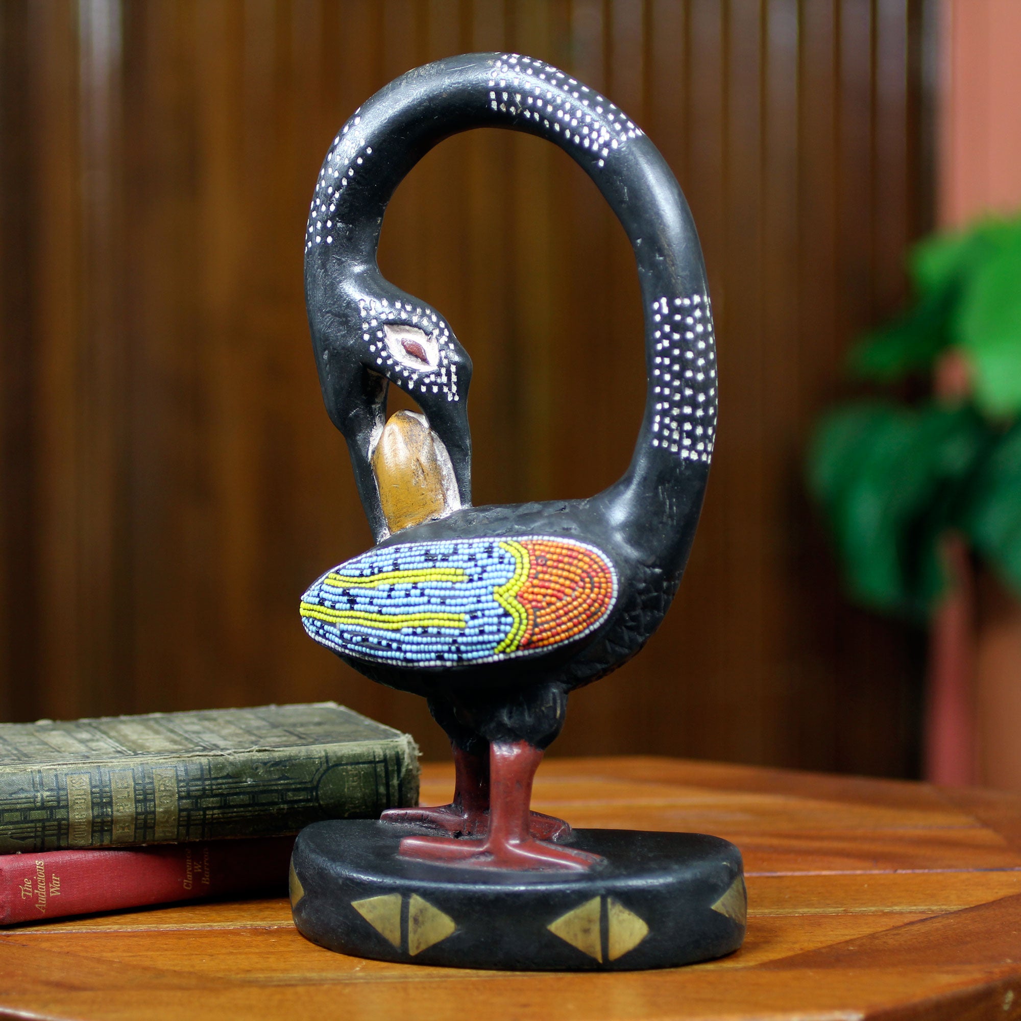 NOVICA My Lovely Bird Adinkra Symbol Bird Wood Sculpture With Glass Beads