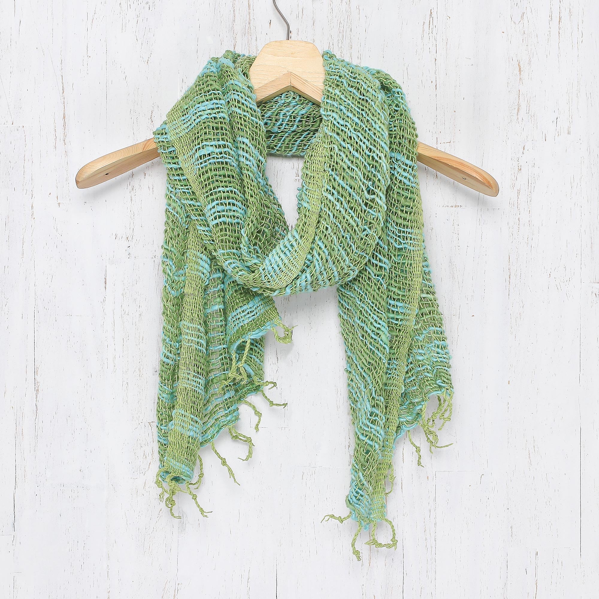 NOVICA Breezy Blue And Green Thai Blue And Green Cotton Scarf