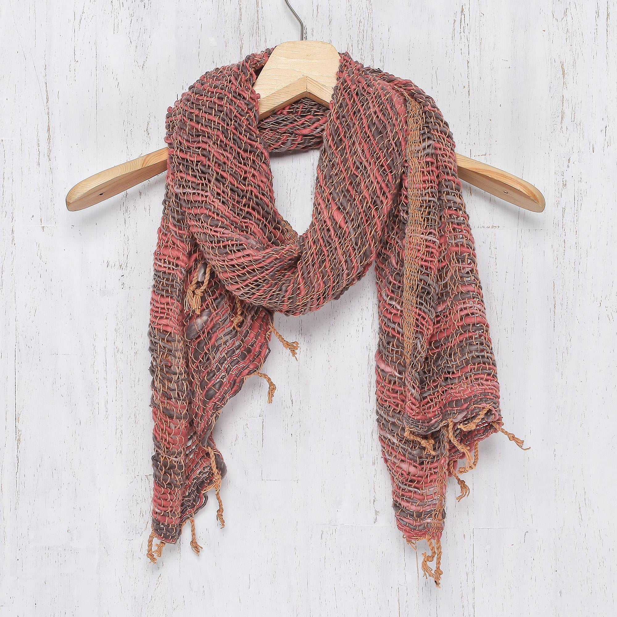 NOVICA Breezy Red And Grey Thai Red And Grey Cotton Scarf