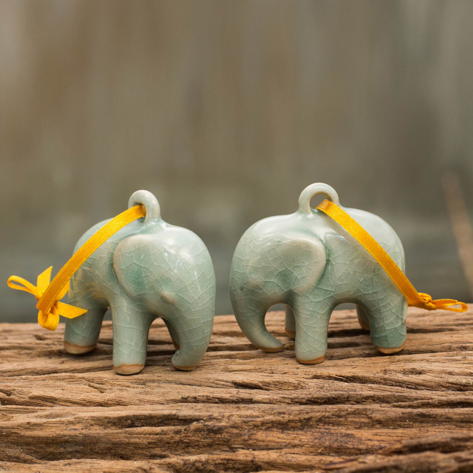 NOVICA Light Blue Elephant Crackled Green Celadon Ceramic Ornaments (Pair)