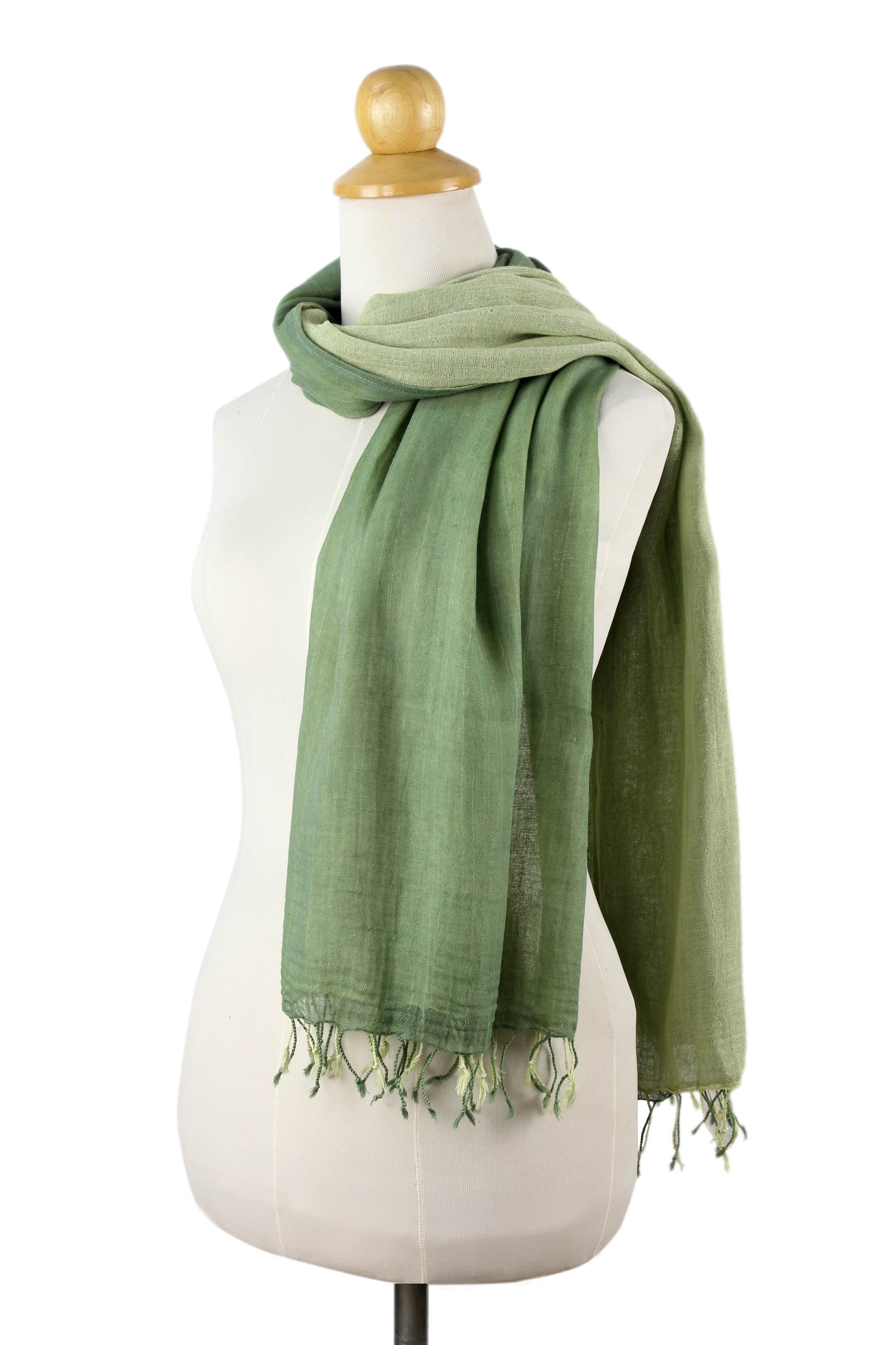 NOVICA Jade Green Duet 2-in-1 Hand-woven Cotton Reversible Scarf