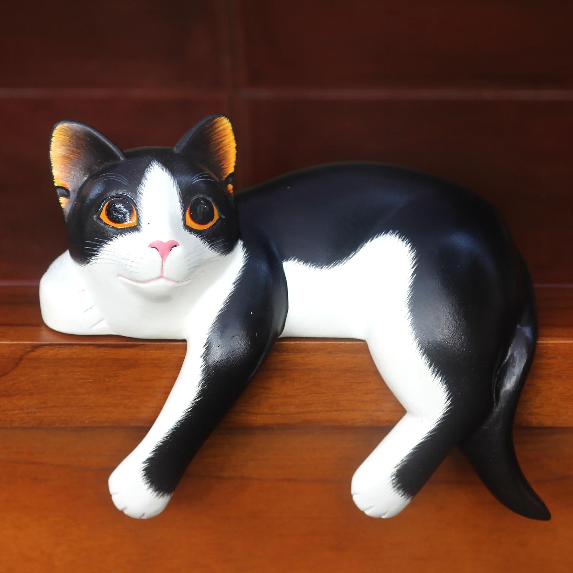 NOVICA Tuxedo Cat Relaxes Signed Balinese Tuxedo Cat Sculpture