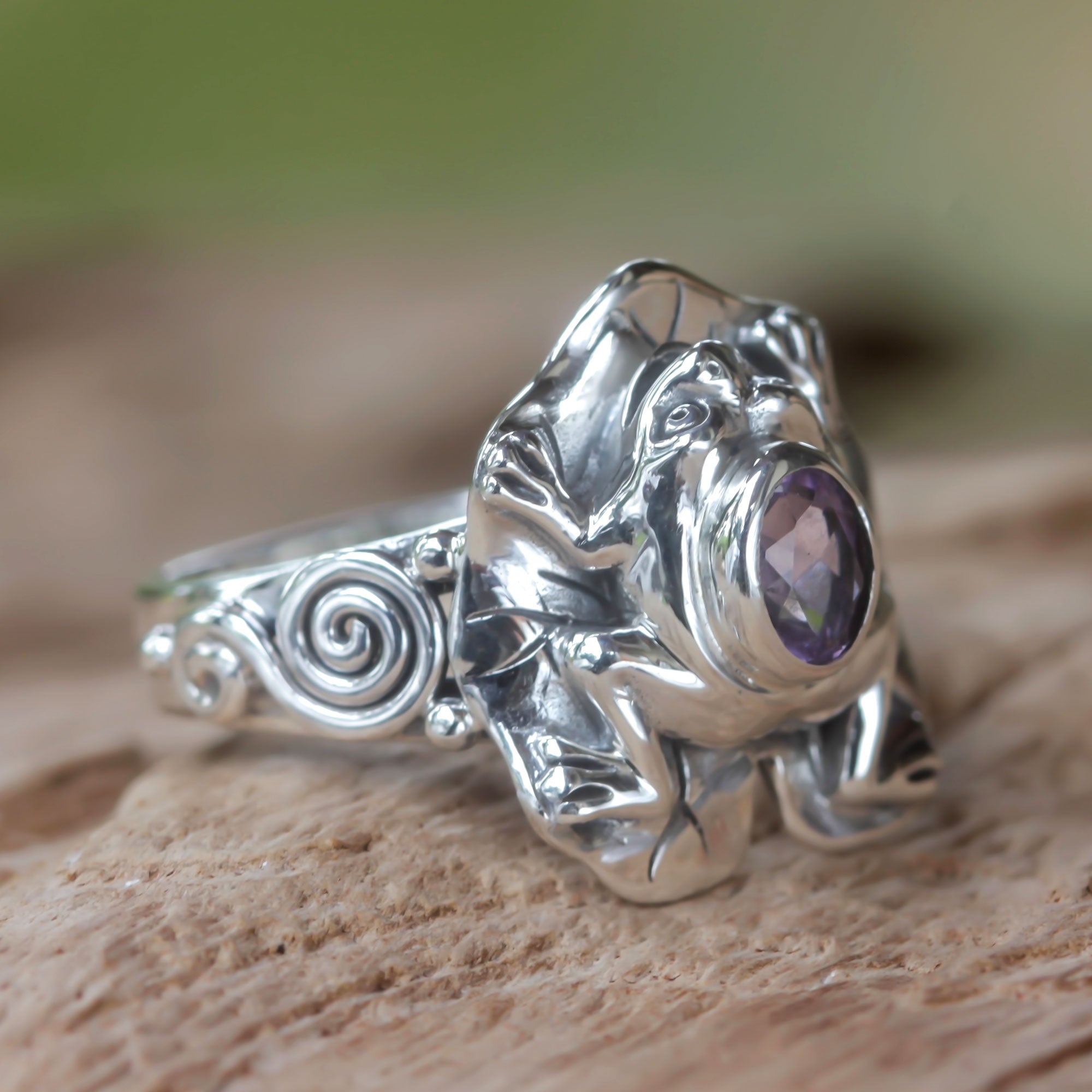 NOVICA Lilac Rainforest Frog Amethyst And Silver Frog Cocktail Ring - 8