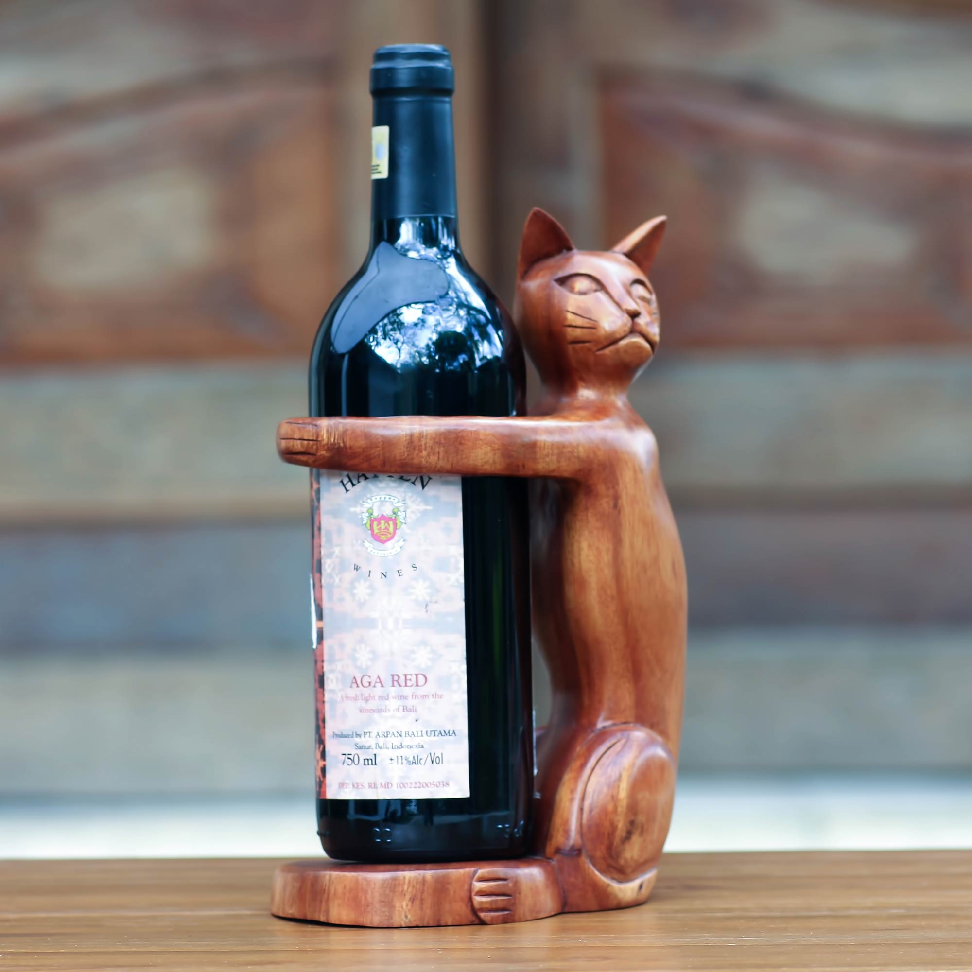 NOVICA Wine-Loving Cat Hand Carved Wooden Cat Wine Bottle Holder