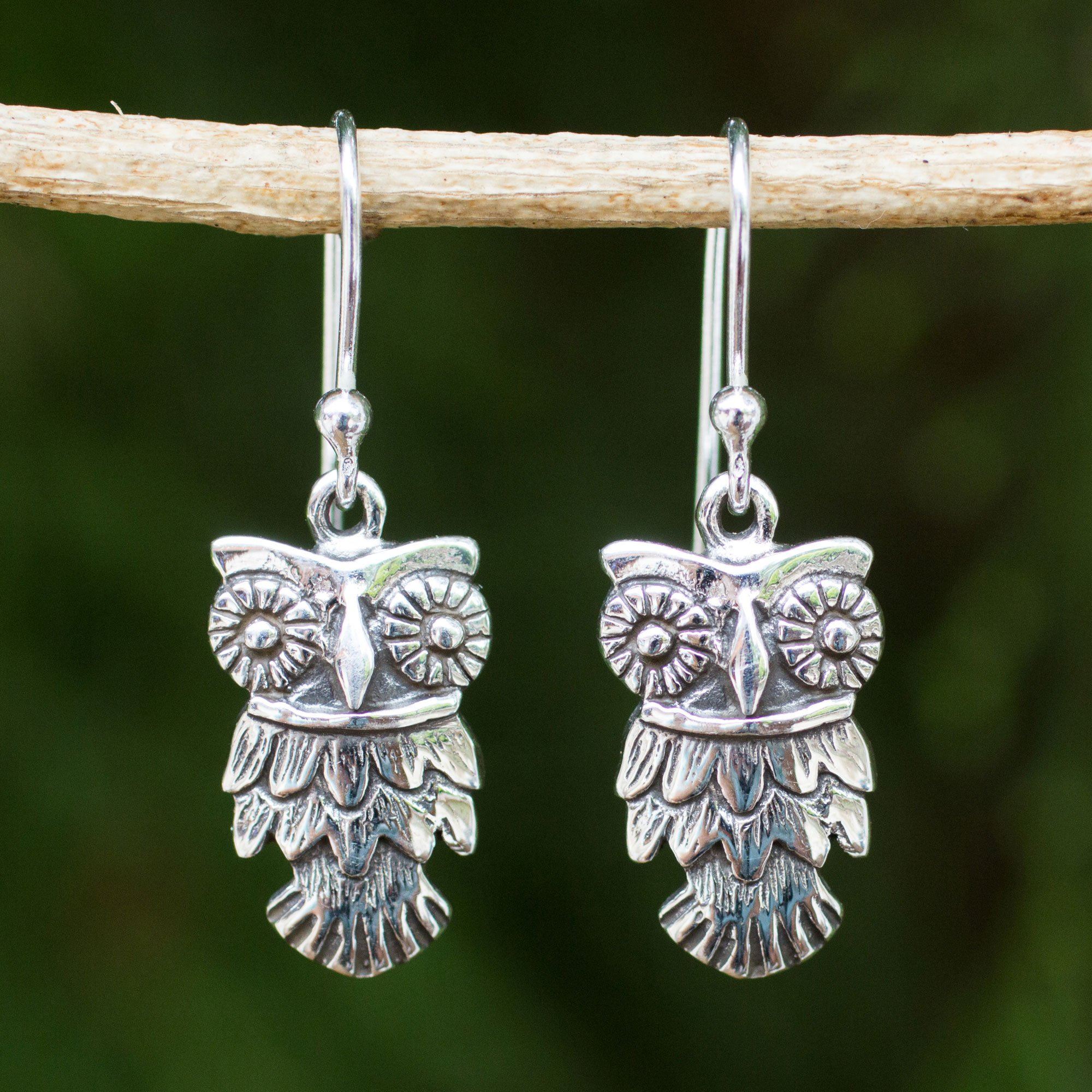 NOVICA Owl Love Sterling Silver Dangle Earrings