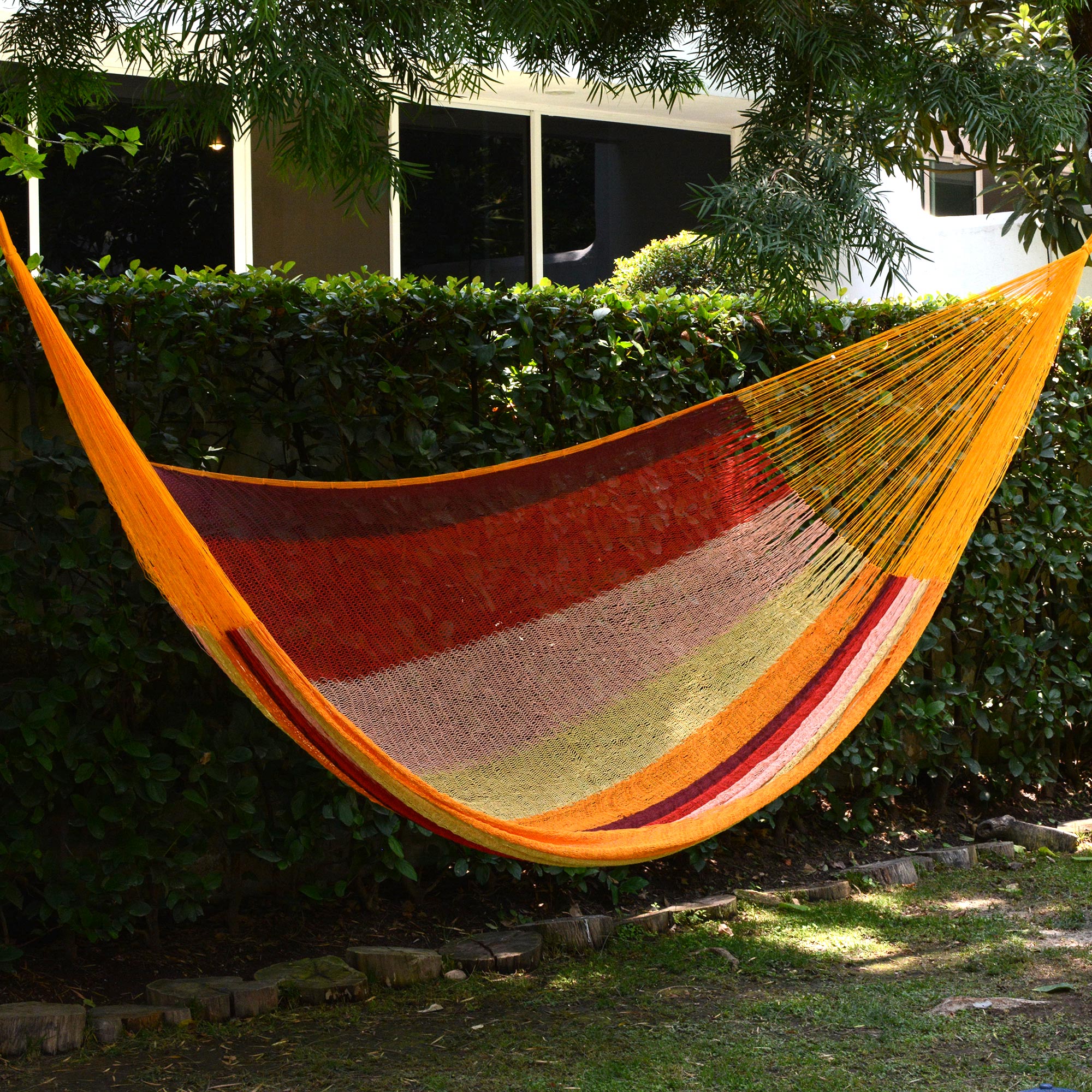 NOVICA Tropical Paradise Mexican Cotton Double Hammock In Burgundy Pink And Yellow