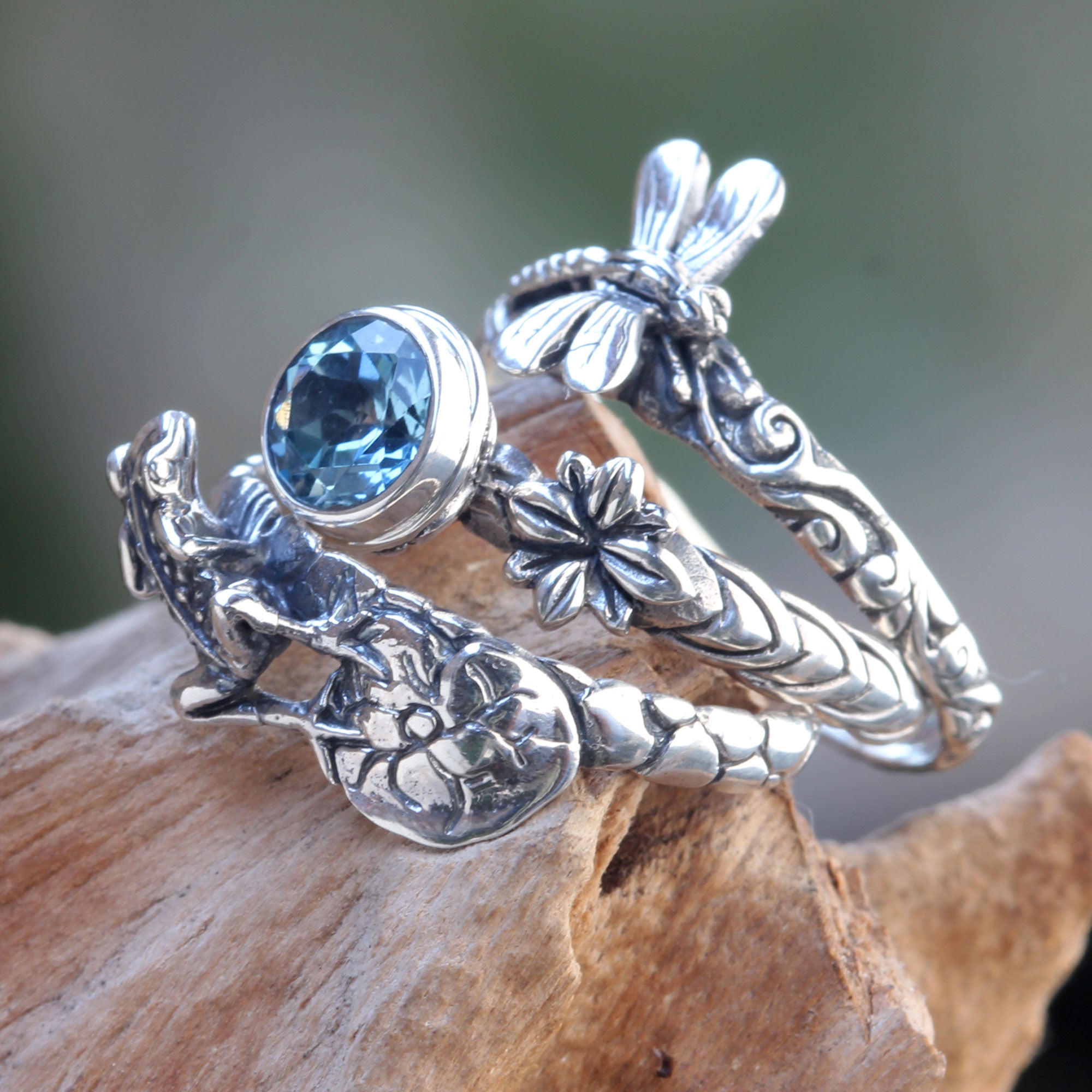 NOVICA Garden Of Eden Dragonfly And Frog On Silver Blue Topaz Stacking Rings (3) - 9