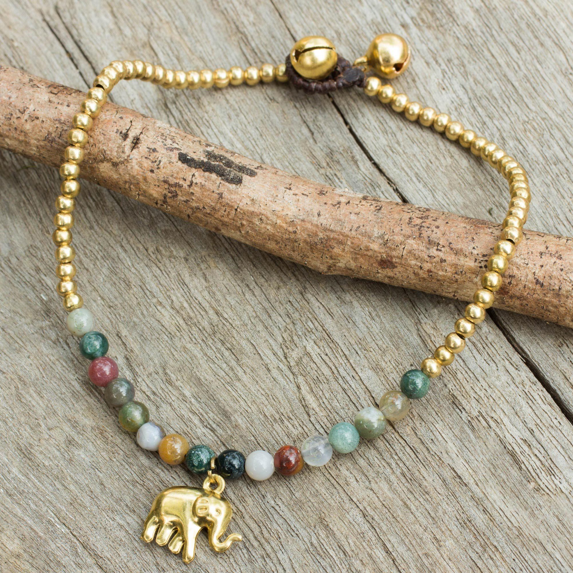 NOVICA Elephant Agate Brass Beaded Anklet