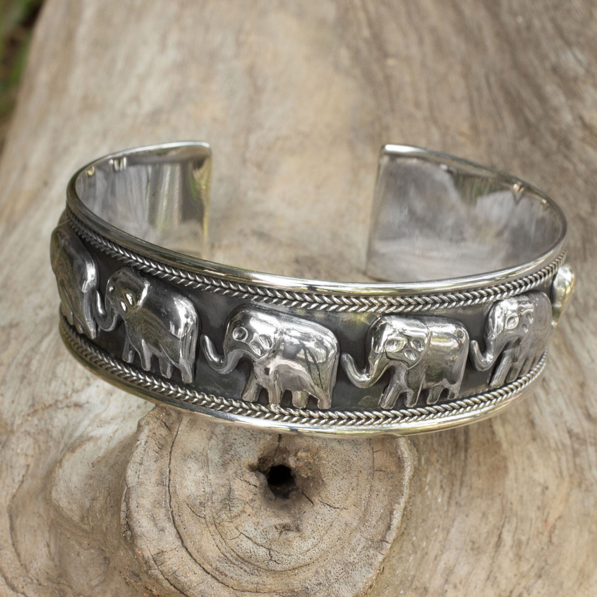 NOVICA Grand Elephant Parade Silver Cuff Bracelet