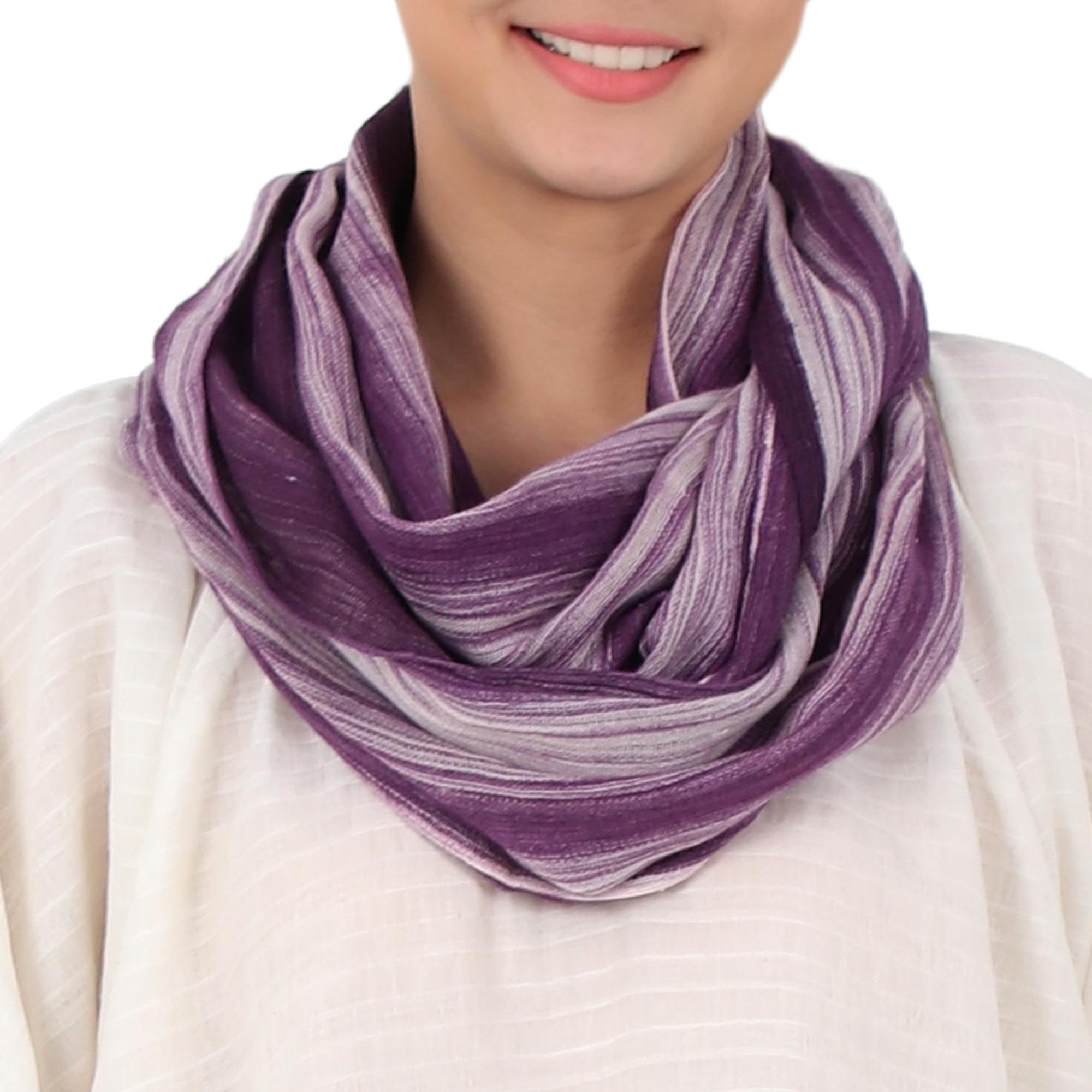 NOVICA Purple Skies Hand Woven 100% Cotton Infinity Scarf In Purple And White