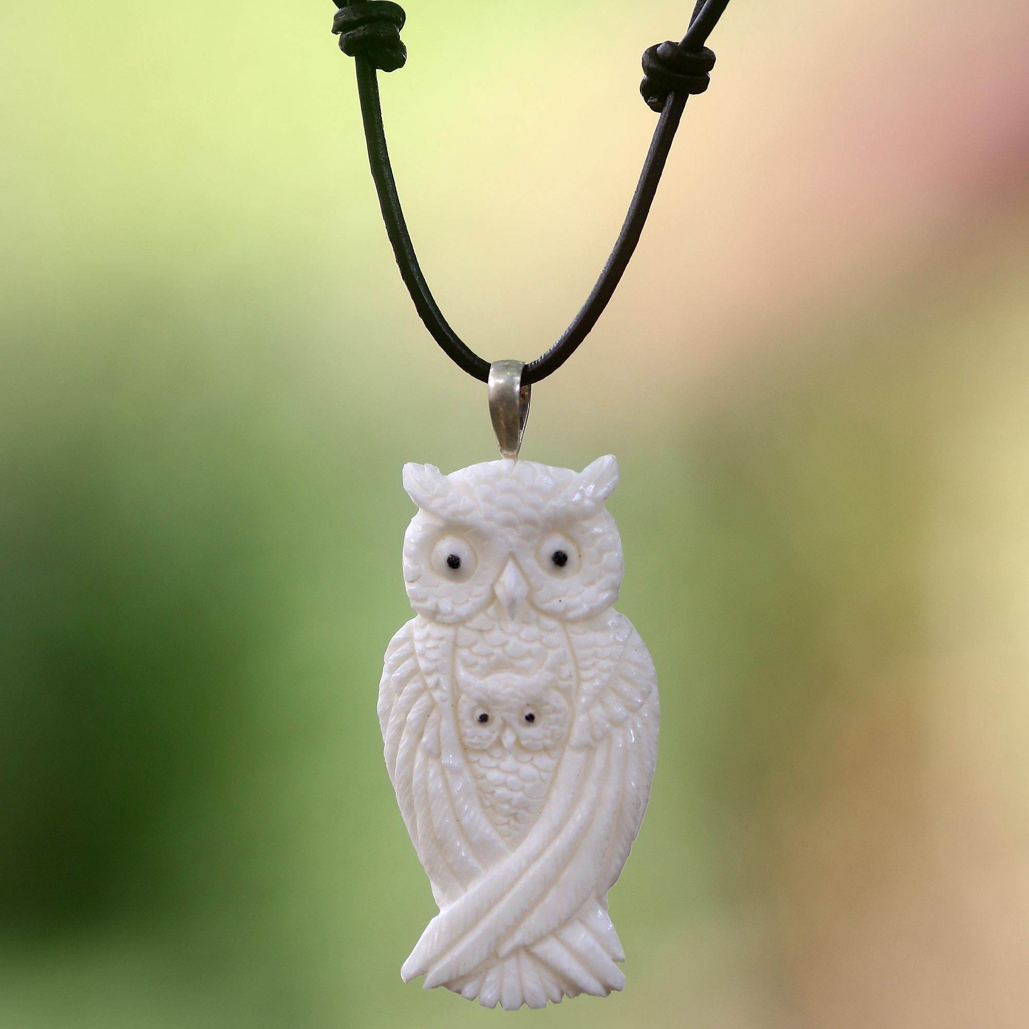 NOVICA White Owl Family Adjustable Carved Bone Pendant Necklace