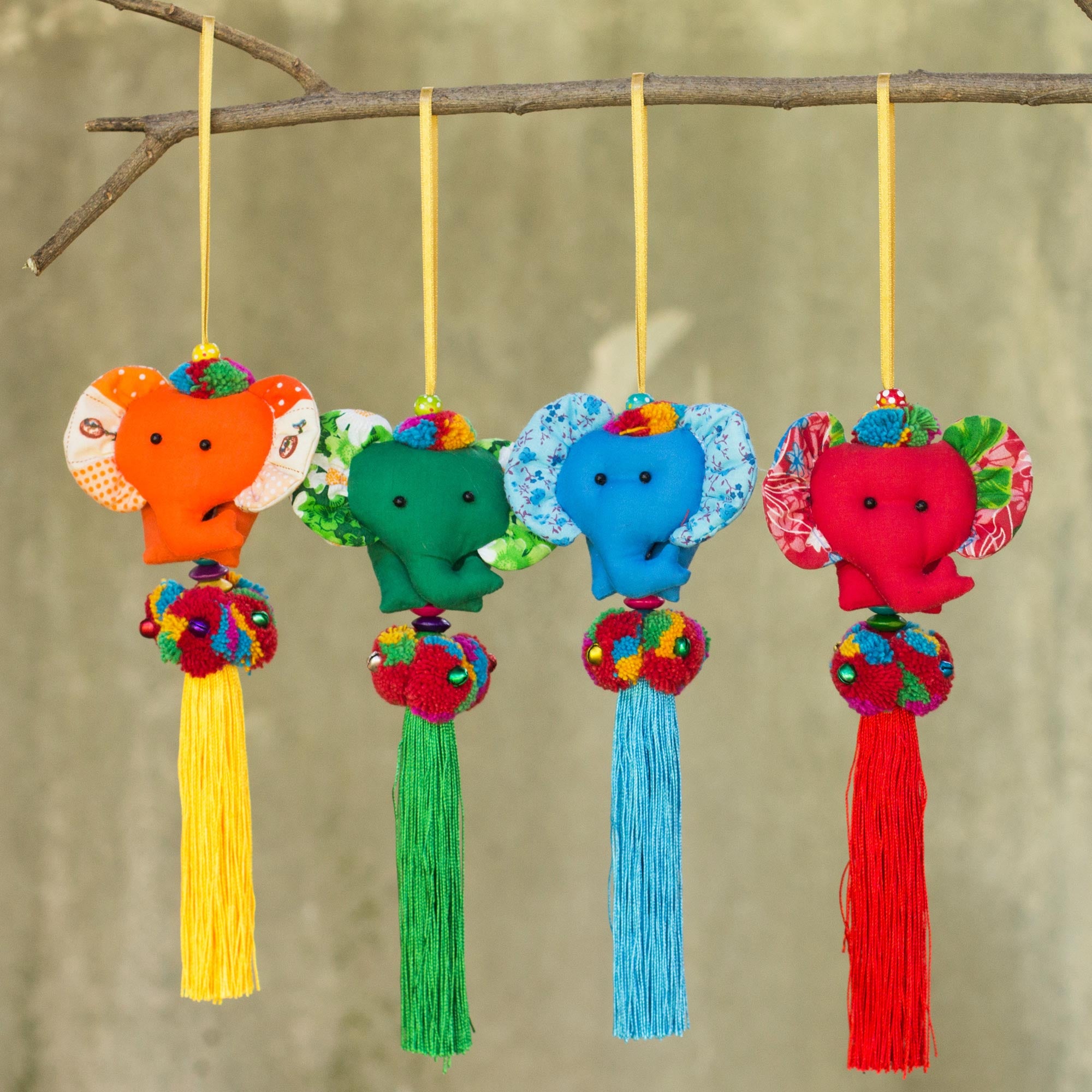 NOVICA Happy Thai Elephants 4 Artisan Crafted Multicolor Thai Cotton Elephant Ornaments