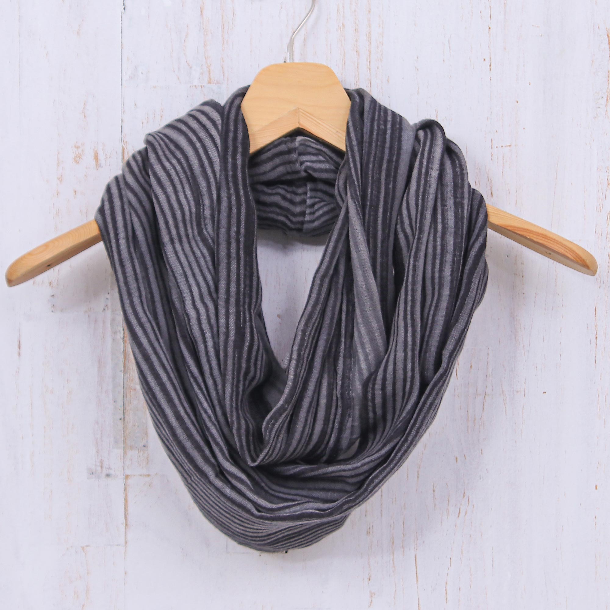 NOVICA Smoke Hand Woven 100% Cotton Infinity Scarf In Black And White