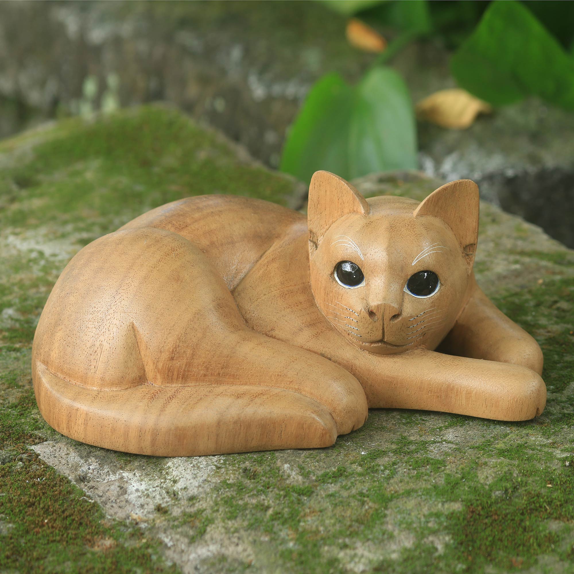 NOVICA Marmalade Tabby Hand Carved And Painted Yellow Tabby Cat Sculpture In Wood