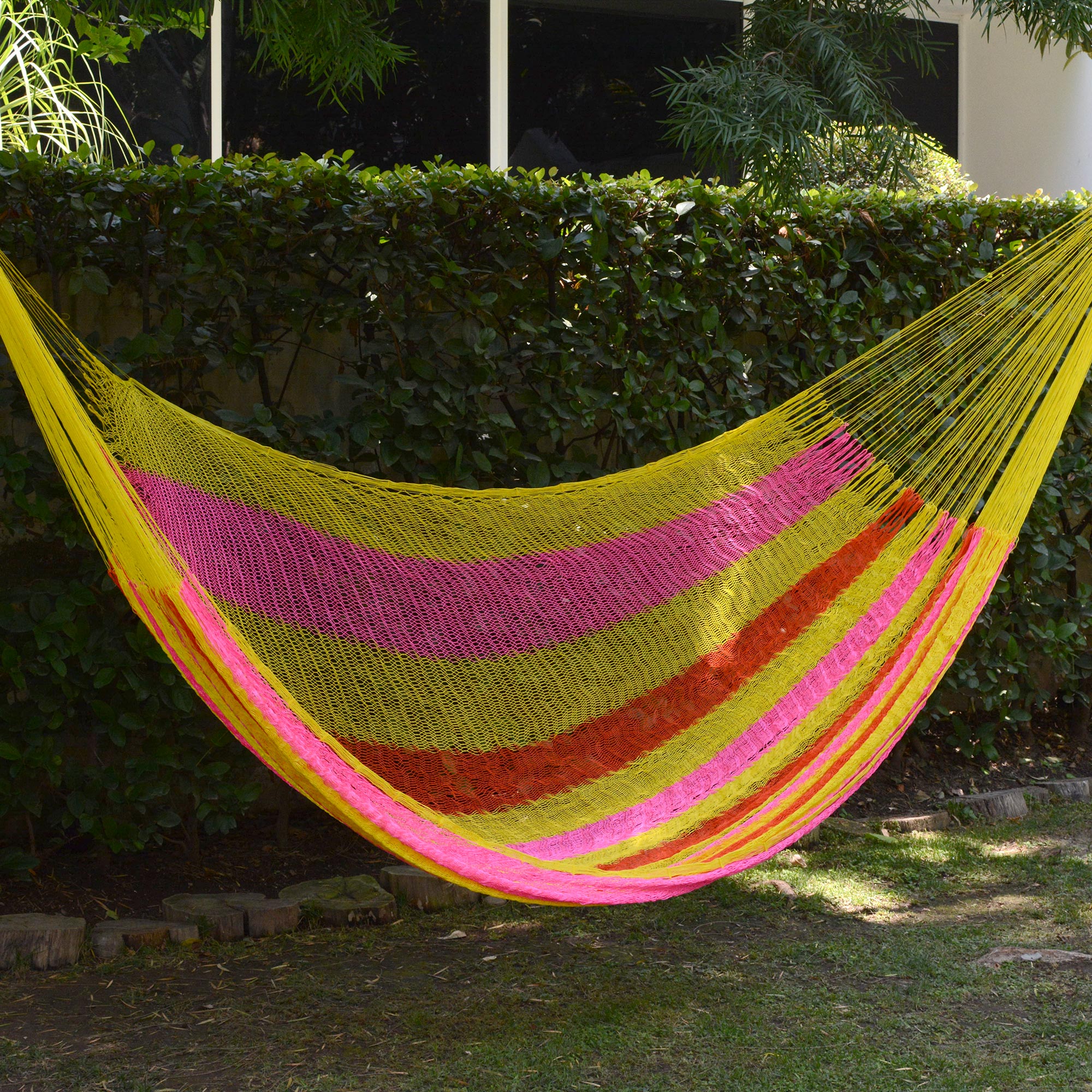 NOVICA Candy Delight Hand Woven Nylon Pink Yellow Hammock (Double) From Mexico