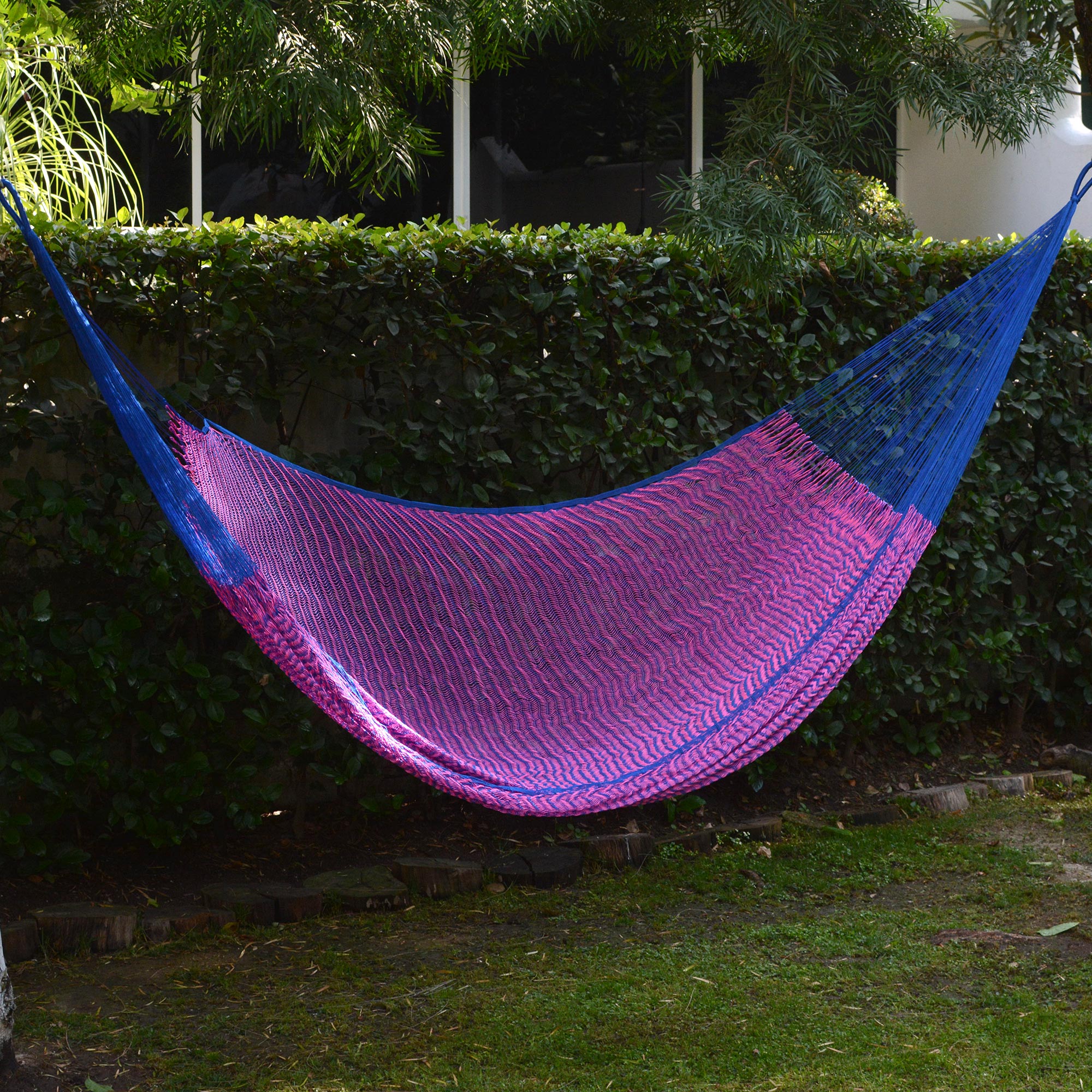 NOVICA Berry Blossom Hand Woven Pink And Blue Nylon Hammock From Mexico (Double)