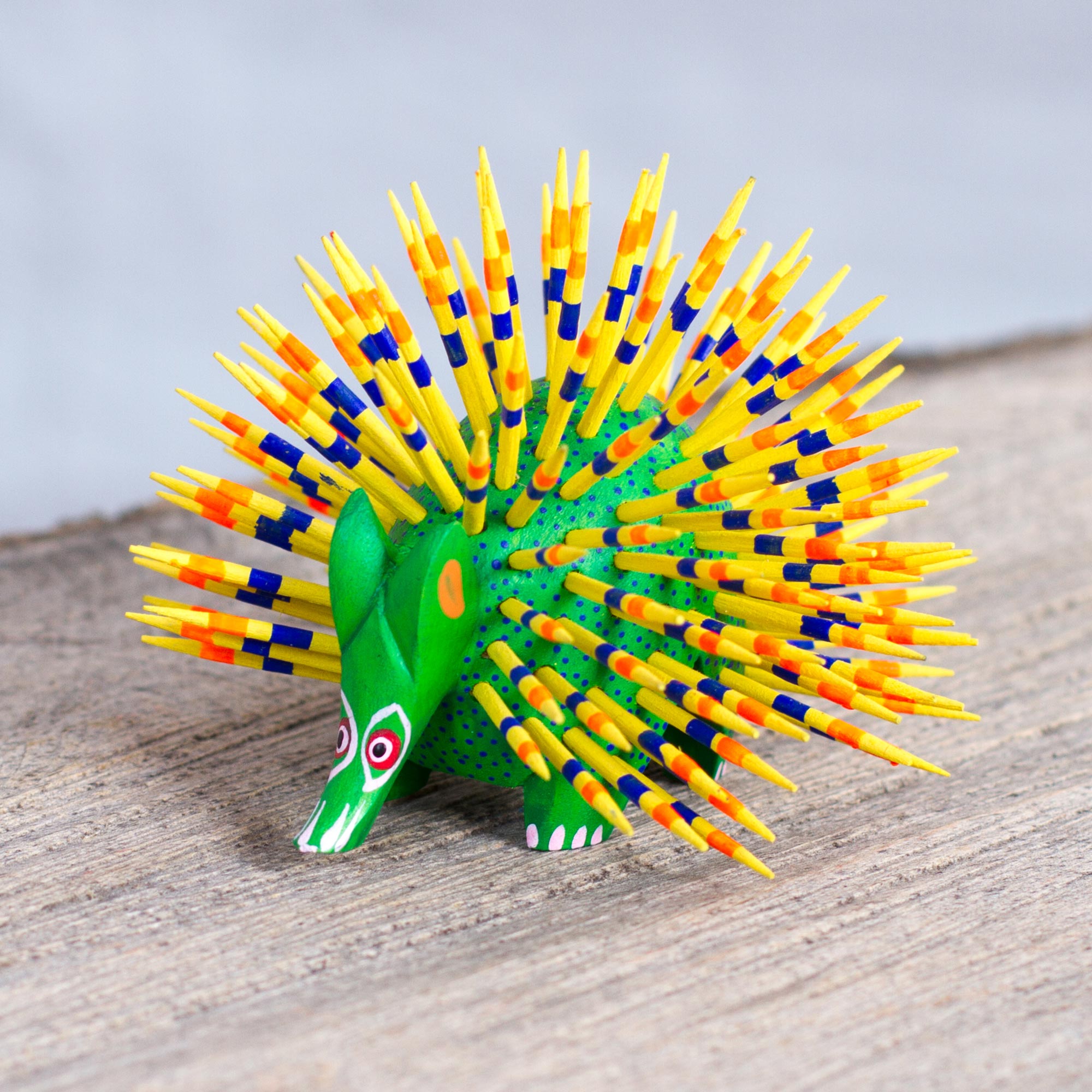 NOVICA Cute Porcupine Green & Yellow Painted Wood Alebrije Sculpture