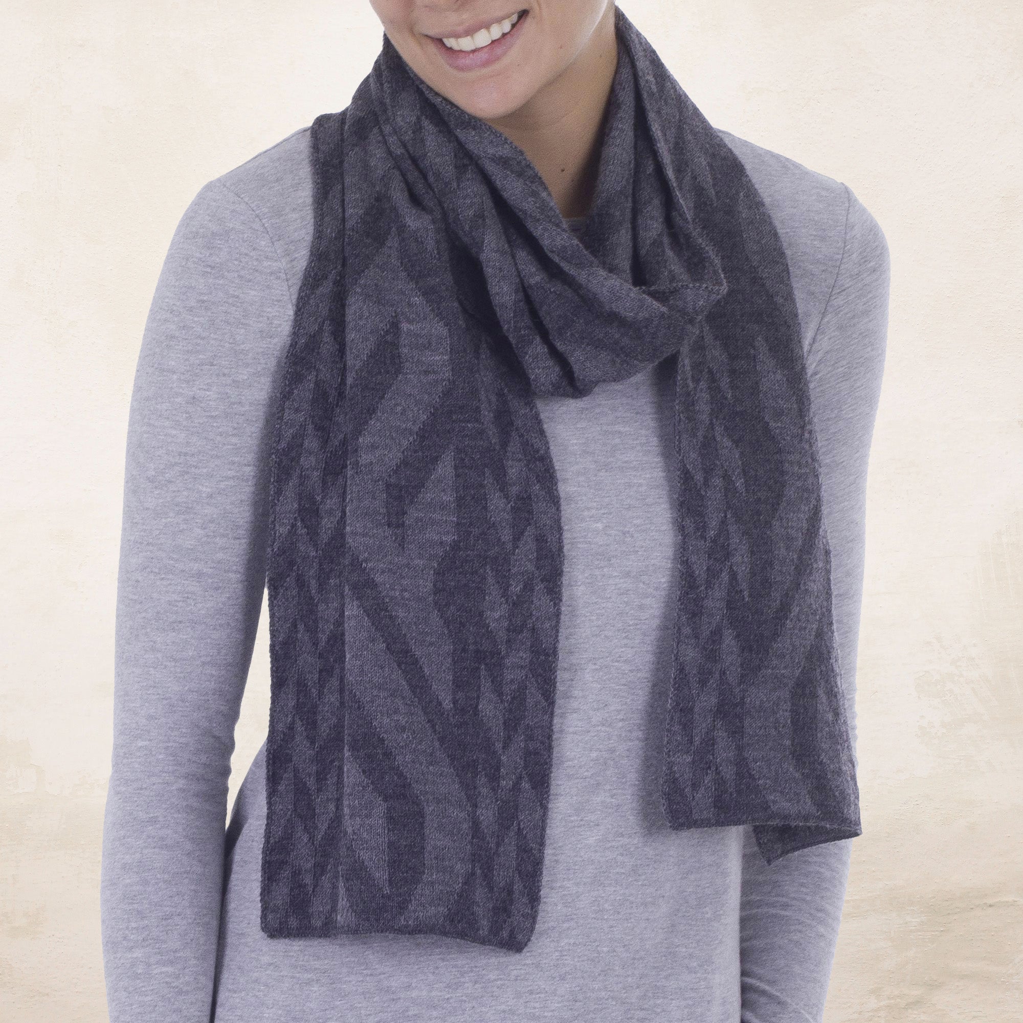 NOVICA Mountain Scent In Grey Alpaca Blend Scarf In Dolphin Grey And Slate From Peru