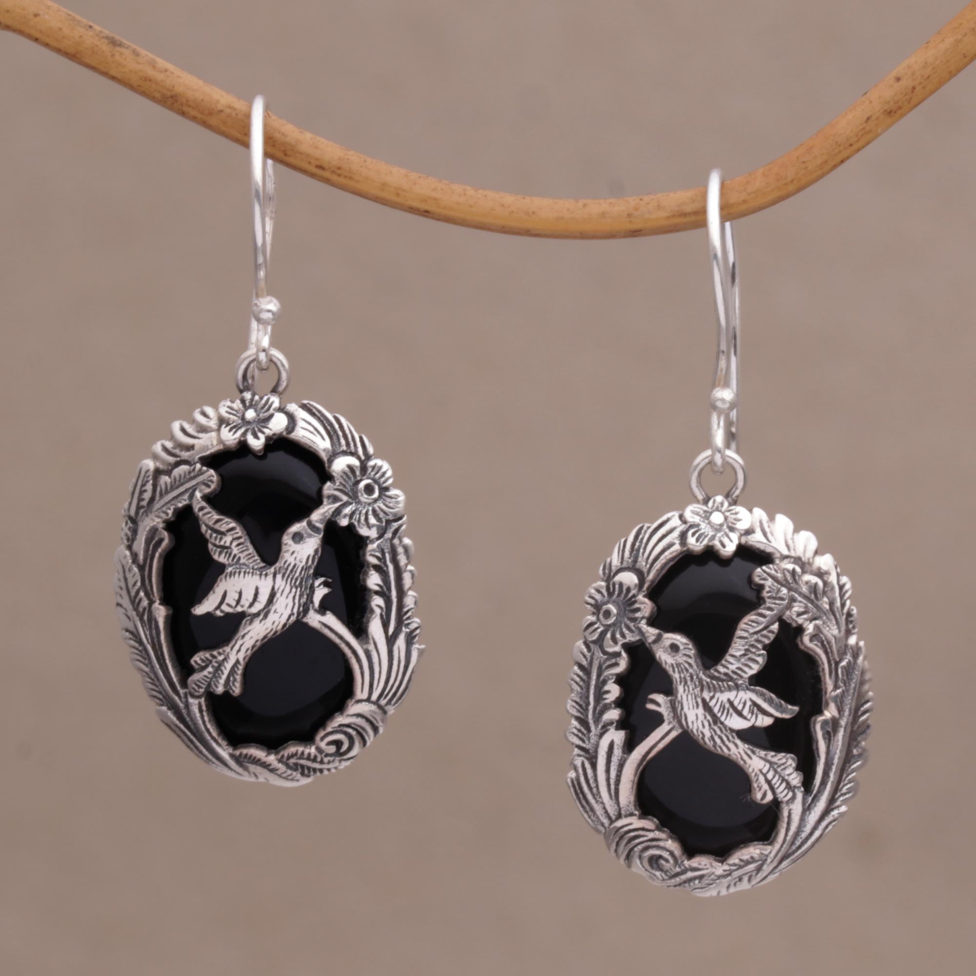 NOVICA Nature's Freedom Onyx And 925 Silver Bird-Themed Dangle Earrings From Bali