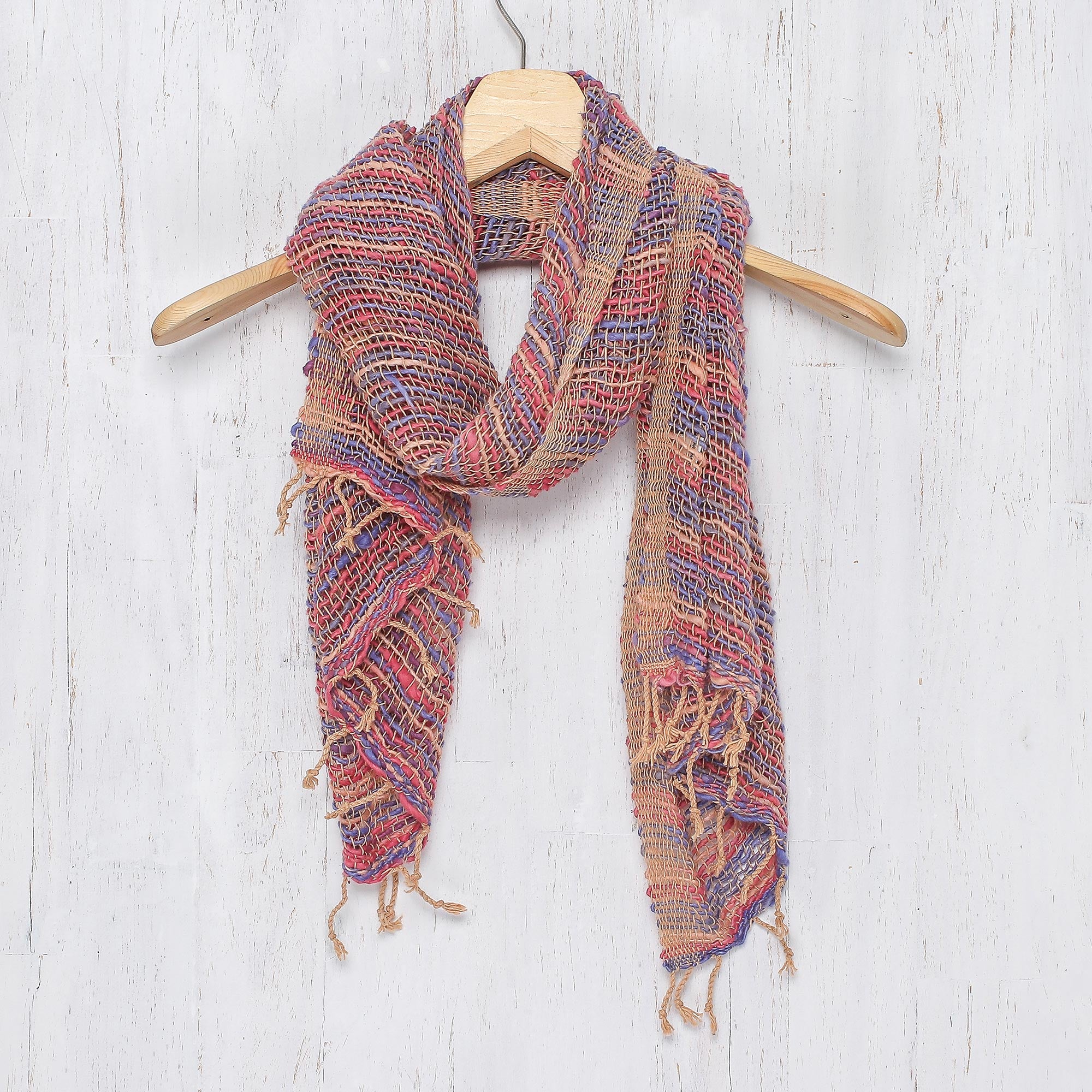 NOVICA Charming Candy Handwoven Cotton Scarf With Candy Colors From Thailand
