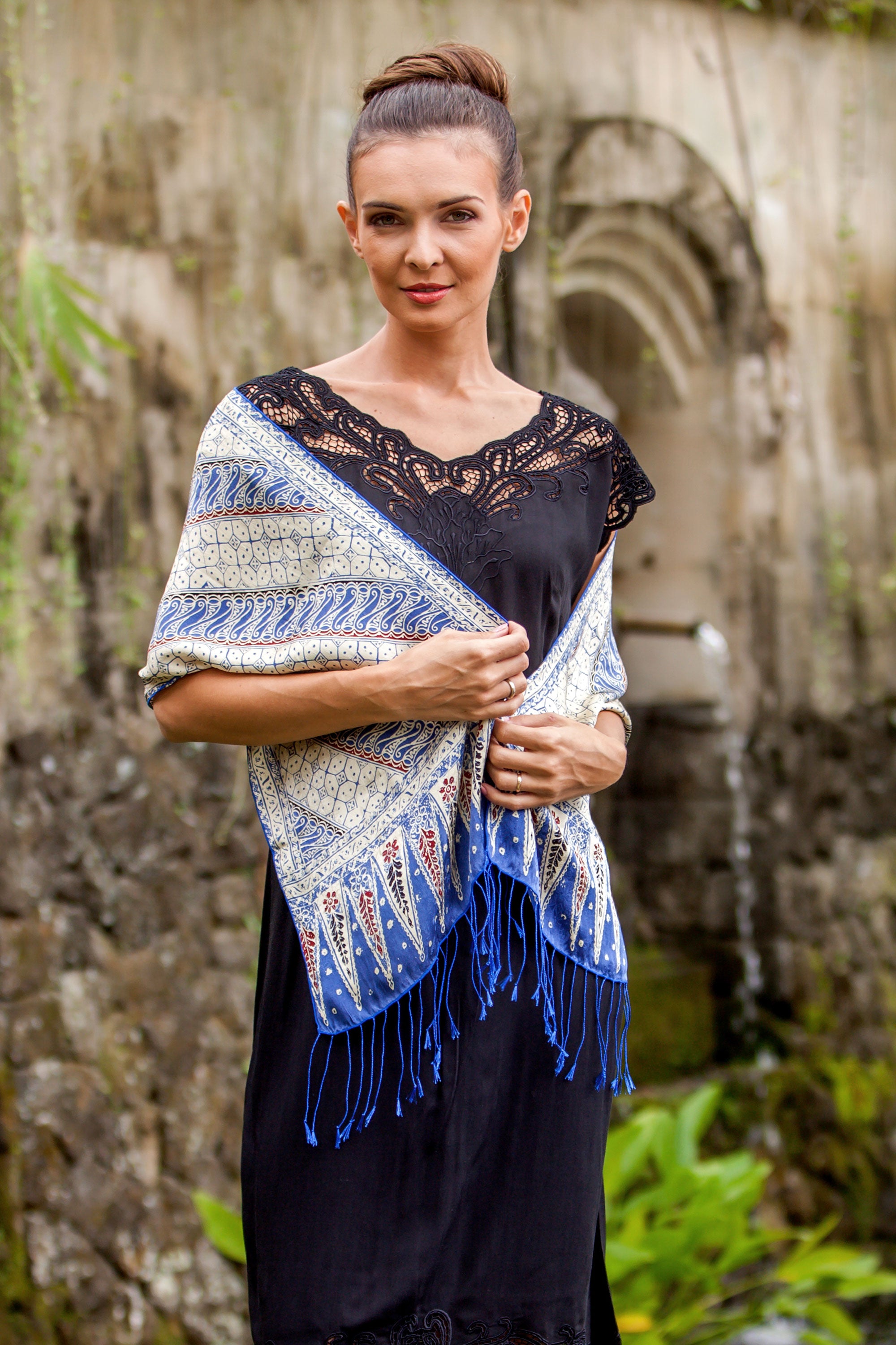 NOVICA Parang World In Indigo Batik Silk Scarf With Parang Motifs In Indigo From Bali