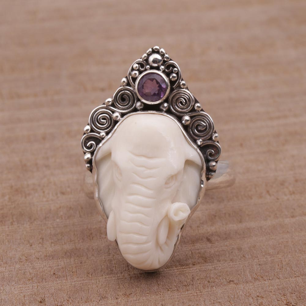 NOVICA Elephant Grandeur Amethyst & Silver Ring - Size 7