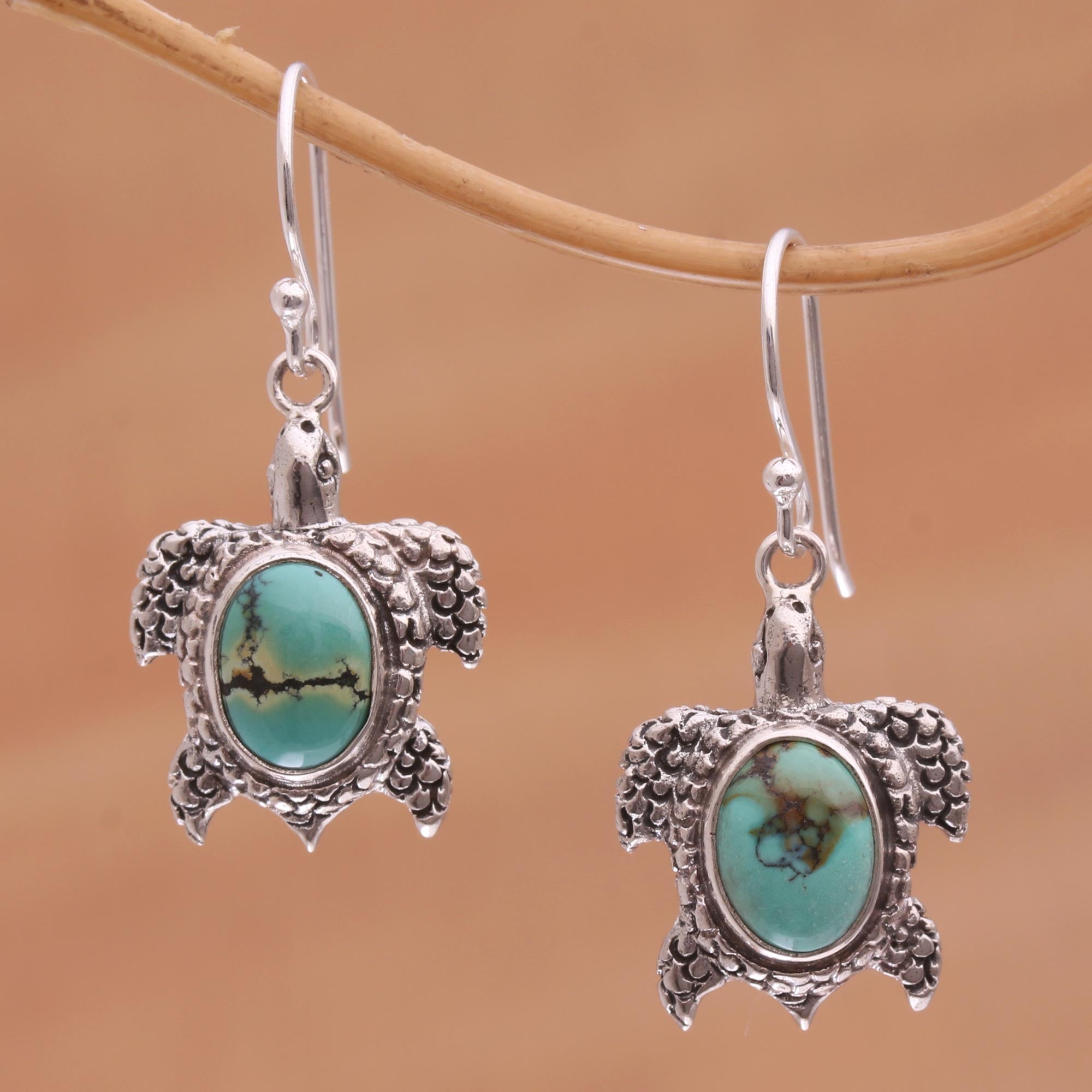 NOVICA Turtle Pond Reconstituted Turquoise Turtle Earrings In Sterling Silver