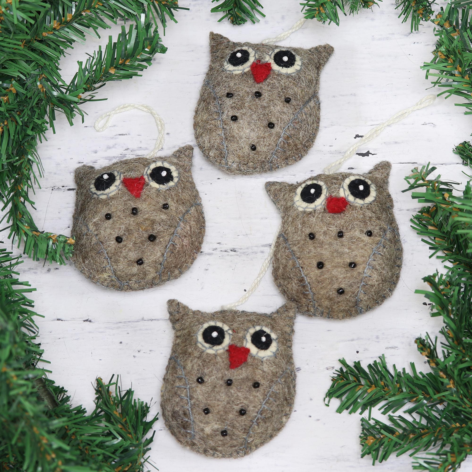 NOVICA Midnight Quartet Set of Four Handcrafted Wool Owl Ornaments from India