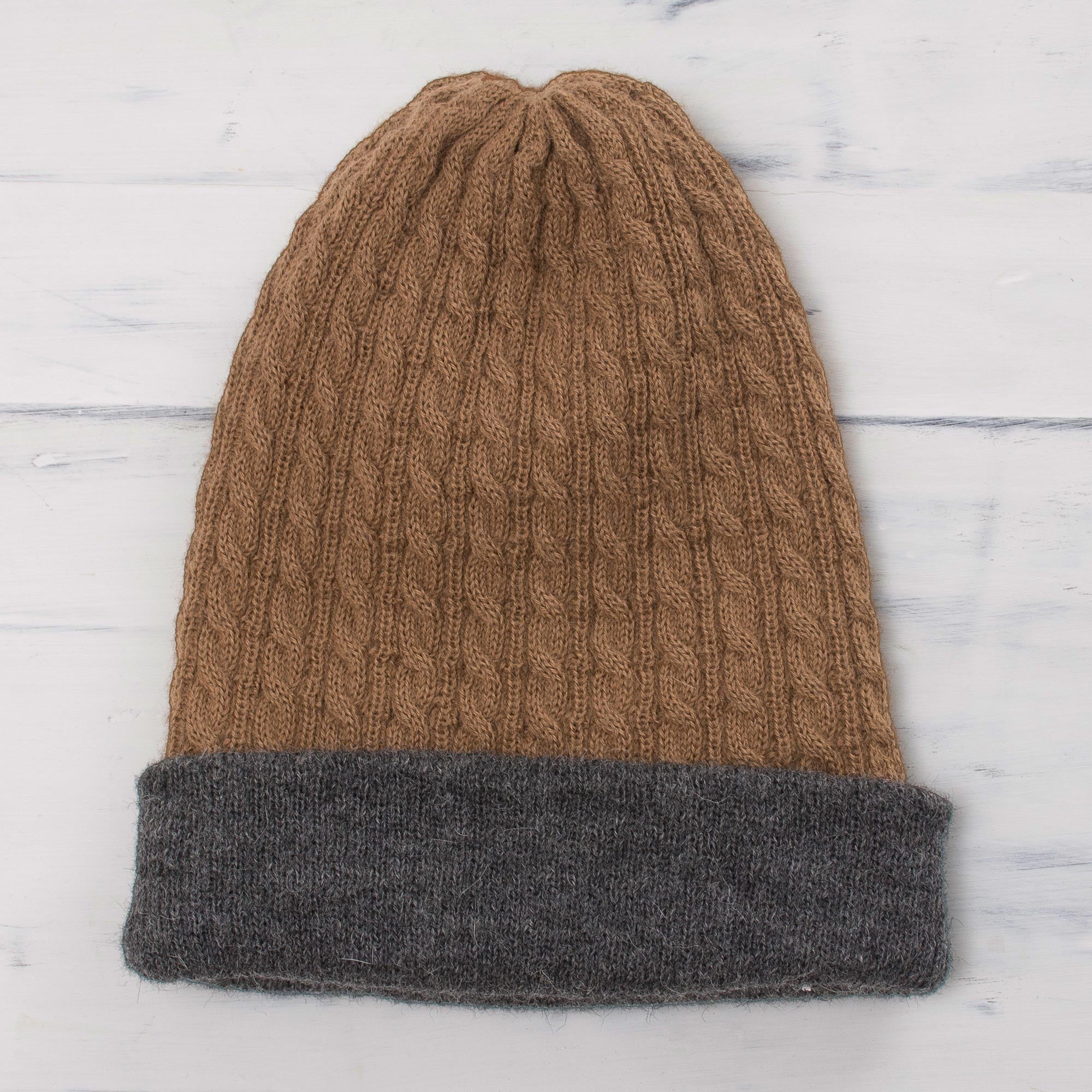 NOVICA The Bells Of Huancayo Men's Reversible Grey And Brown Alpaca Blend Hat From Peru