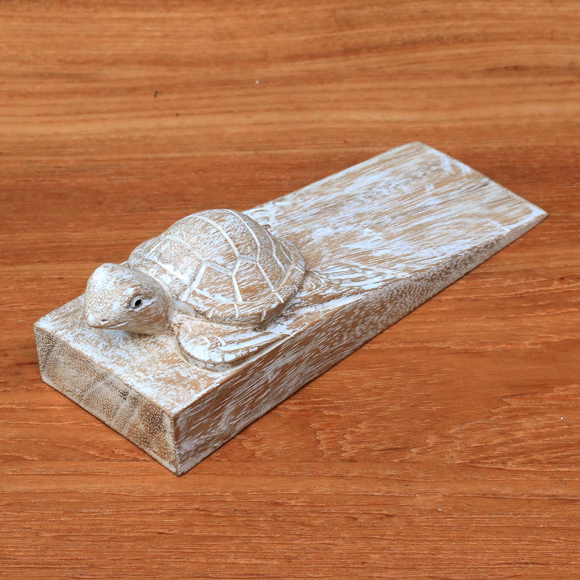 NOVICA Distressed Baby Turtle Distressed Baby Turtle Suar Wood Door Stopper From Bali