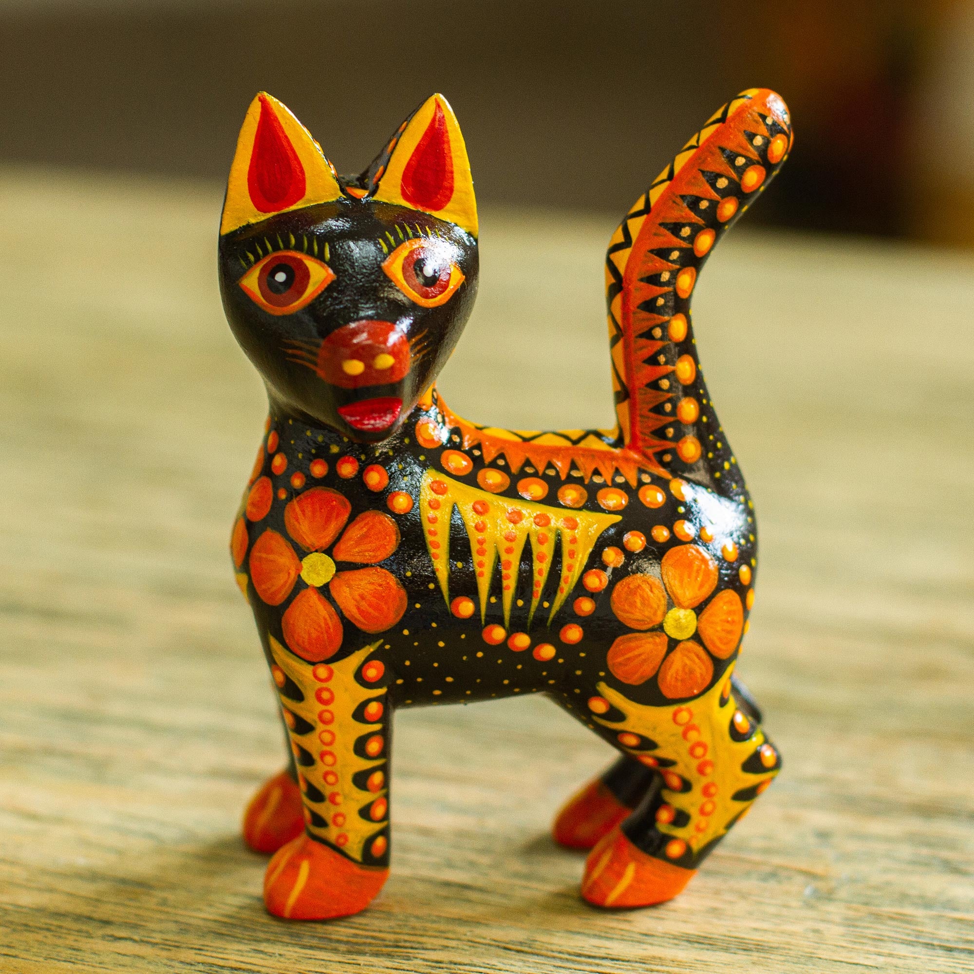 NOVICA Fiery Cat Wood Alebrije Cat Figurine In Orange From Mexico
