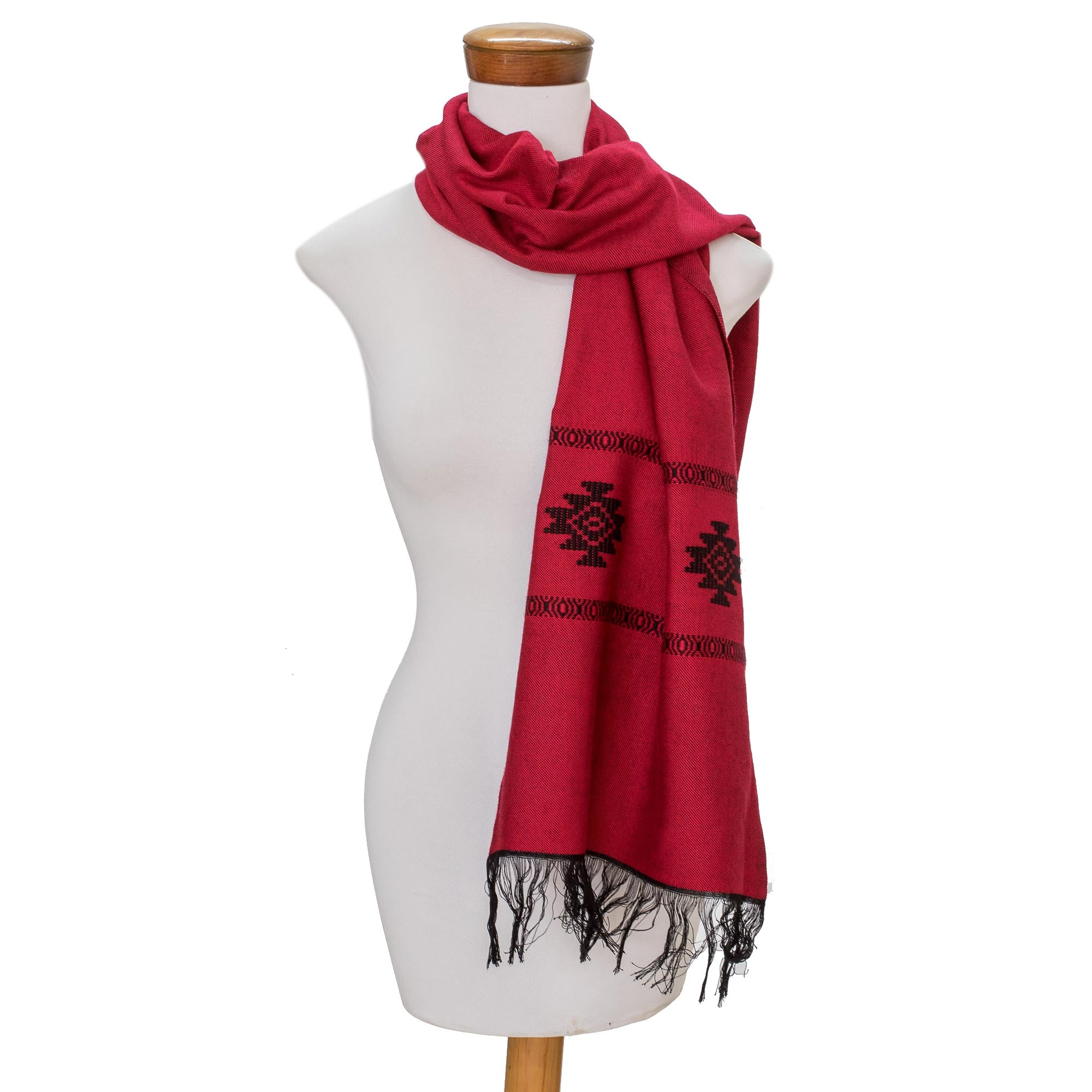 NOVICA Fret Chic In Red Red Cotton Blend Scarf With Black Stepped-Fret Rhombus Motif