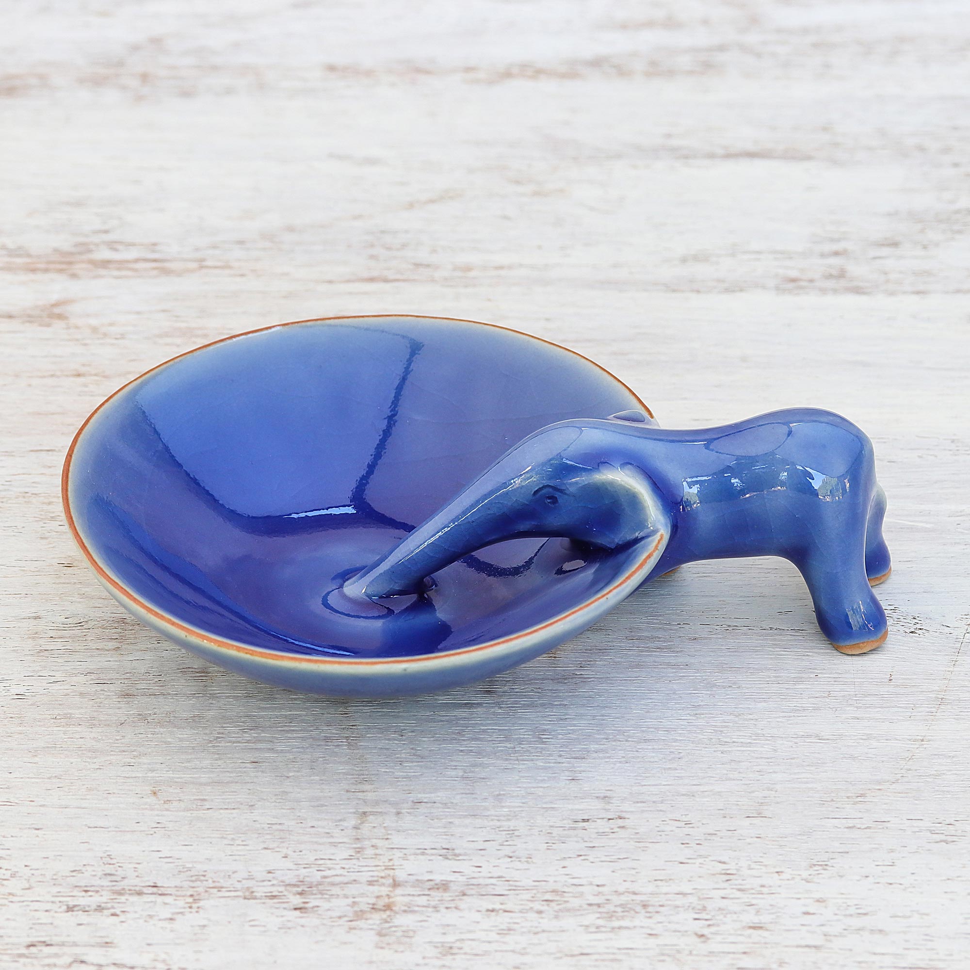 NOVICA Sipping Elephant Blue Ceramic Incense Holder