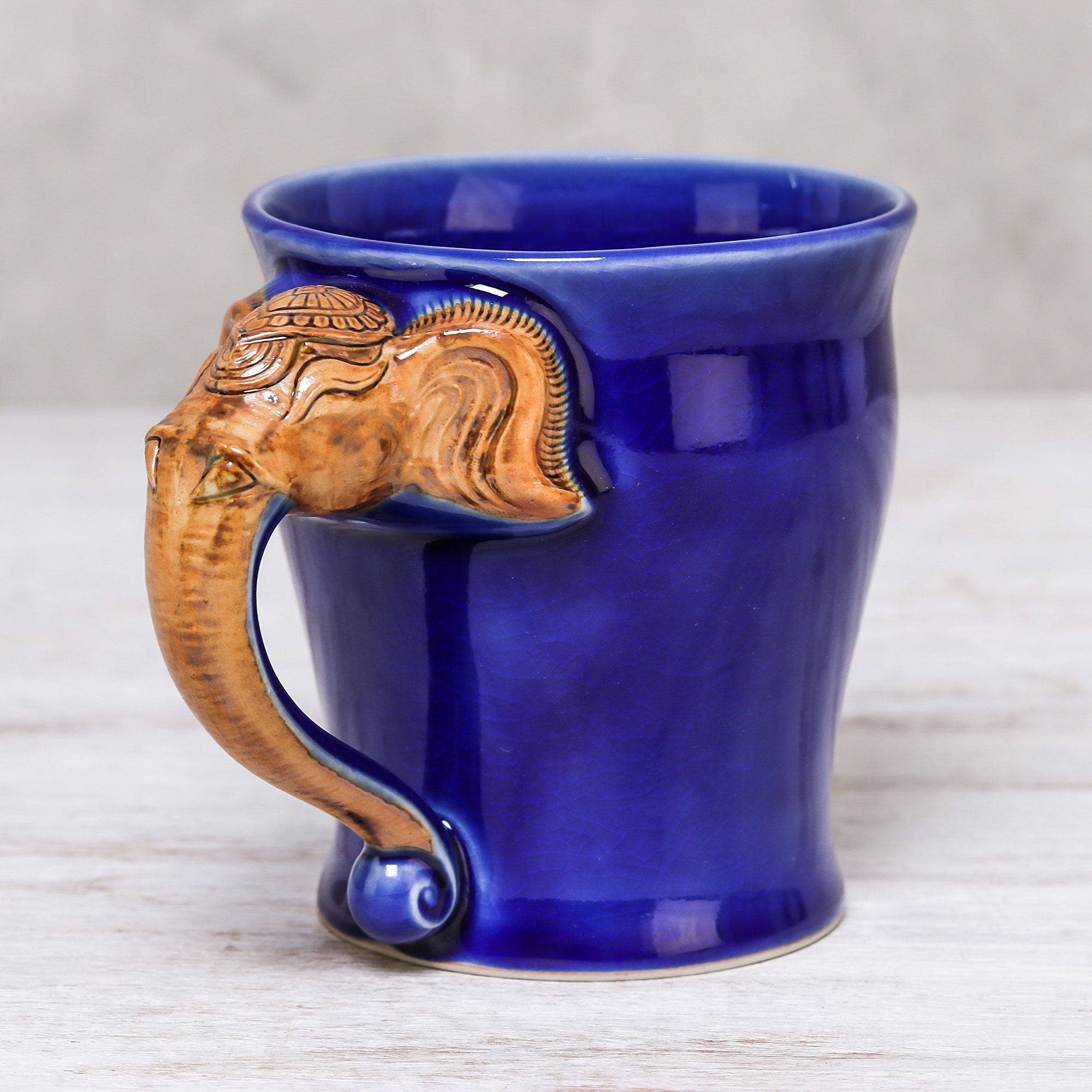 NOVICA Elephant Handle In Blue Celadon Ceramic Elephant Mug In Blue From Thailand (10 Oz.)