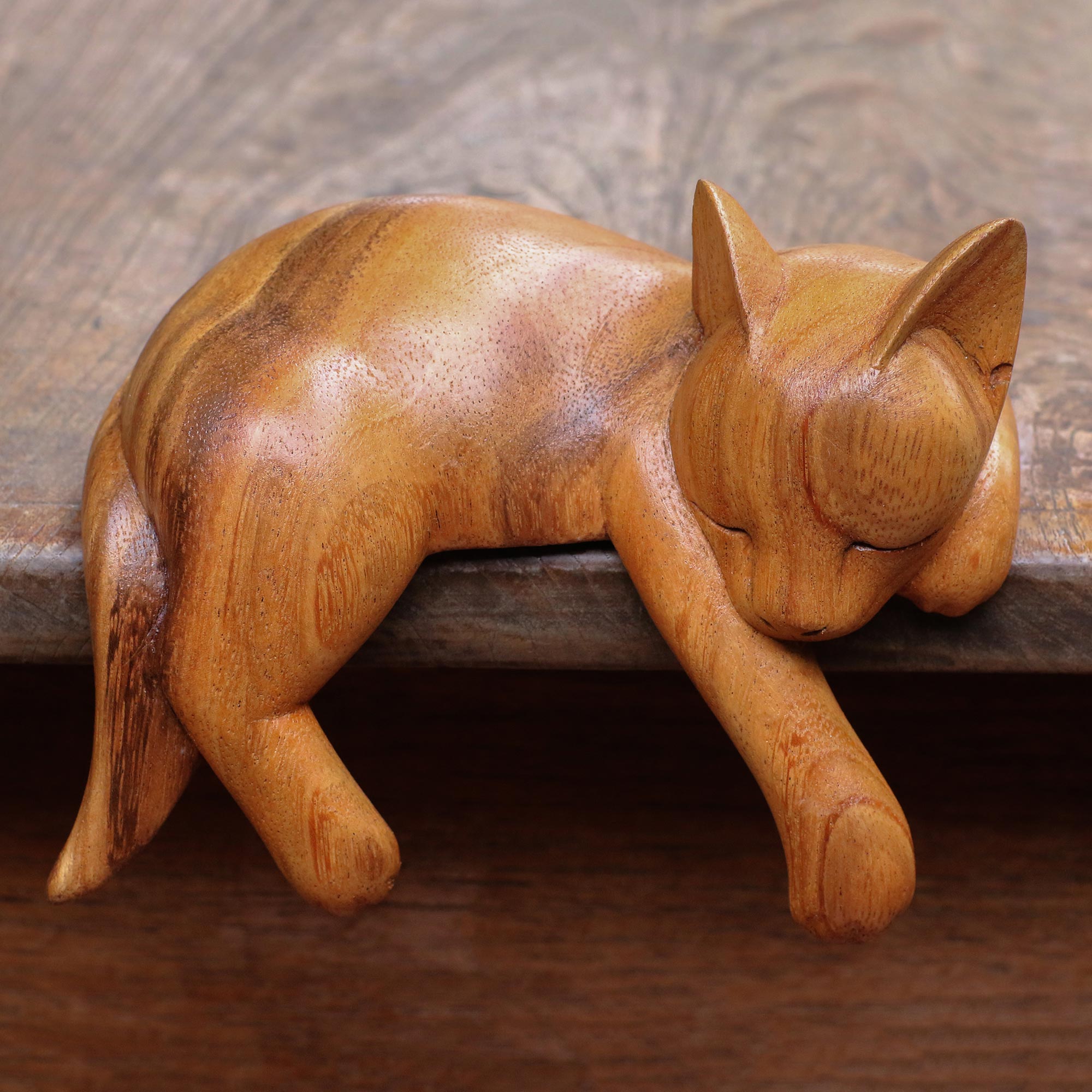 NOVICA Snoozing Cat Natural Finish Suar Wood Sleeping Cat Sculpture From Bali