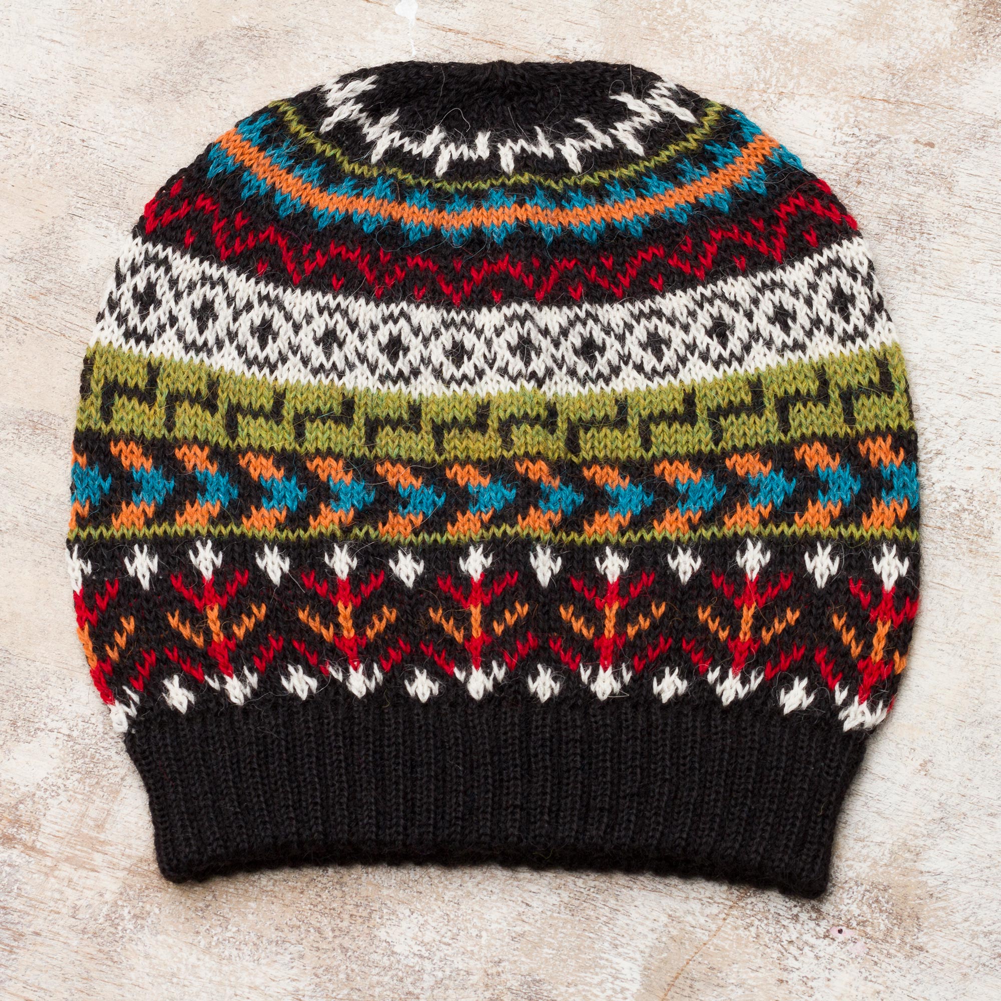 Motif Medley Multi-Color 100% Alpaca Knit Hat With Geometric Motifs