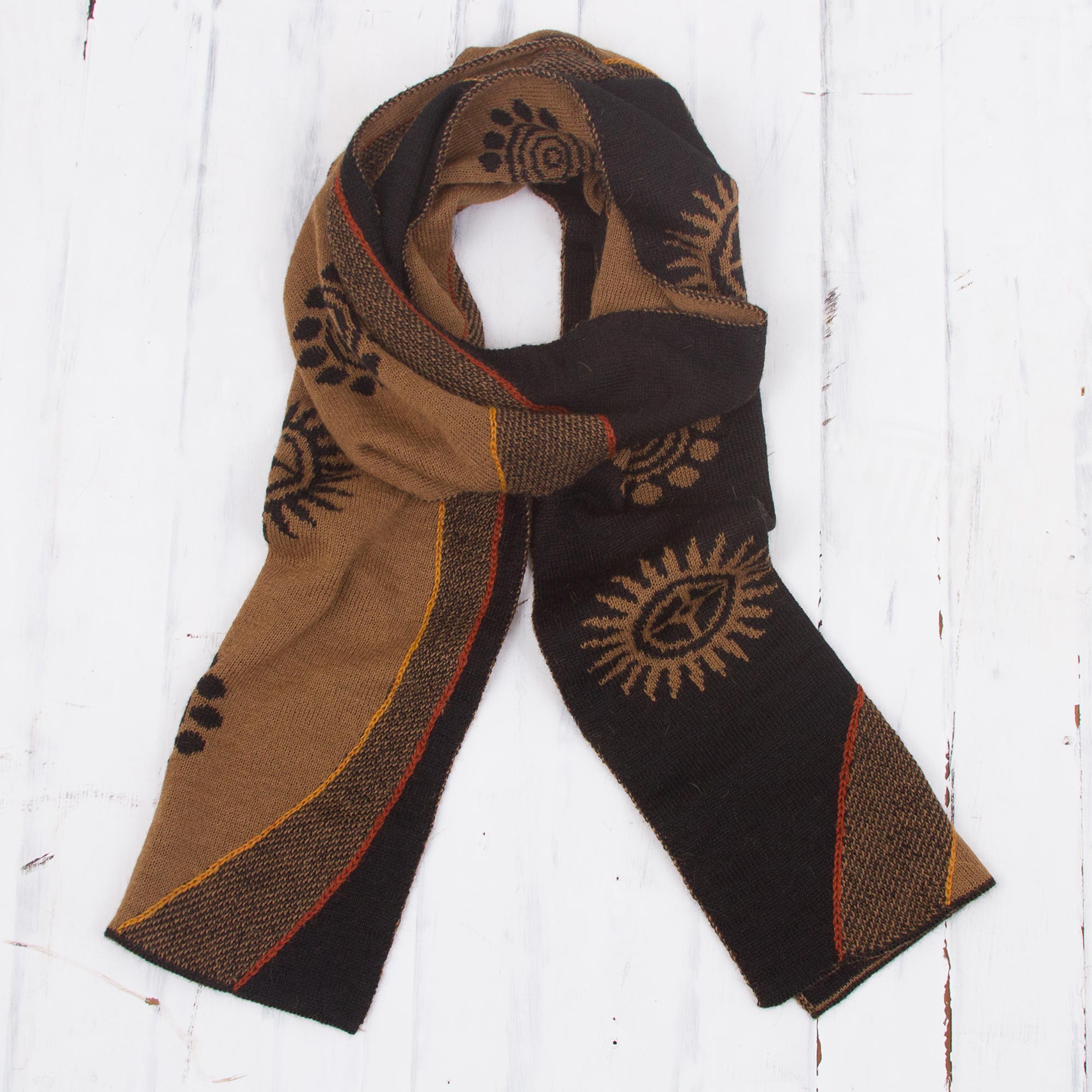 NOVICA Sepia And Black Cosmovision Reversible Sepia And Black Sun Motif Alpaca Blend Scarf