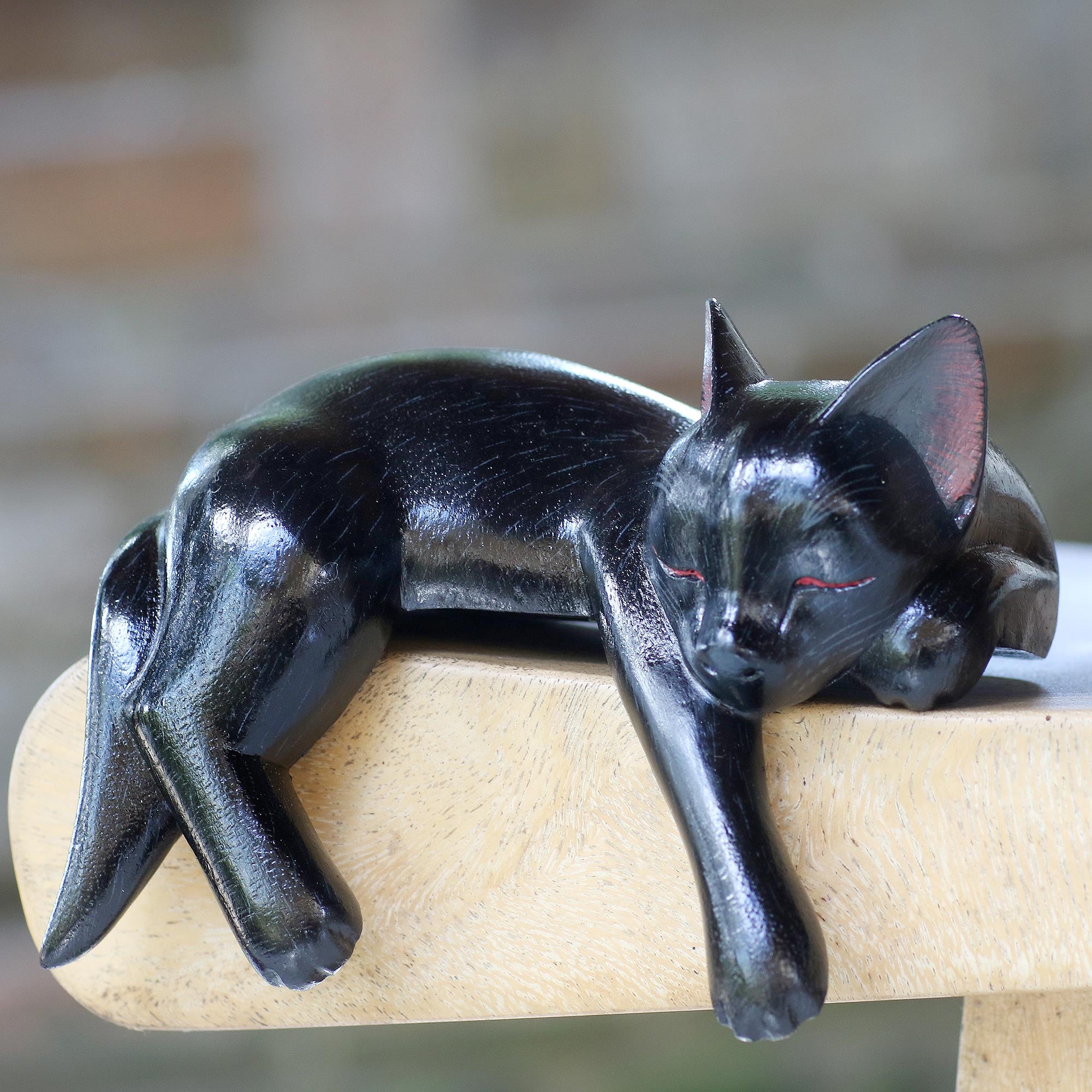 NOVICA Black Catnap Balinese Signed Hand-Carved Sleeping Black Cat Sculpture