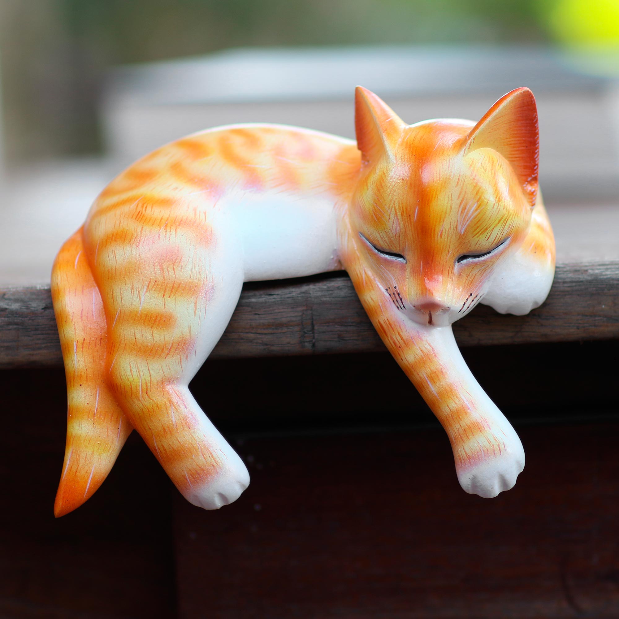 NOVICA Napping Cat Wood Sleeping Cat Statuette Orange Tabby