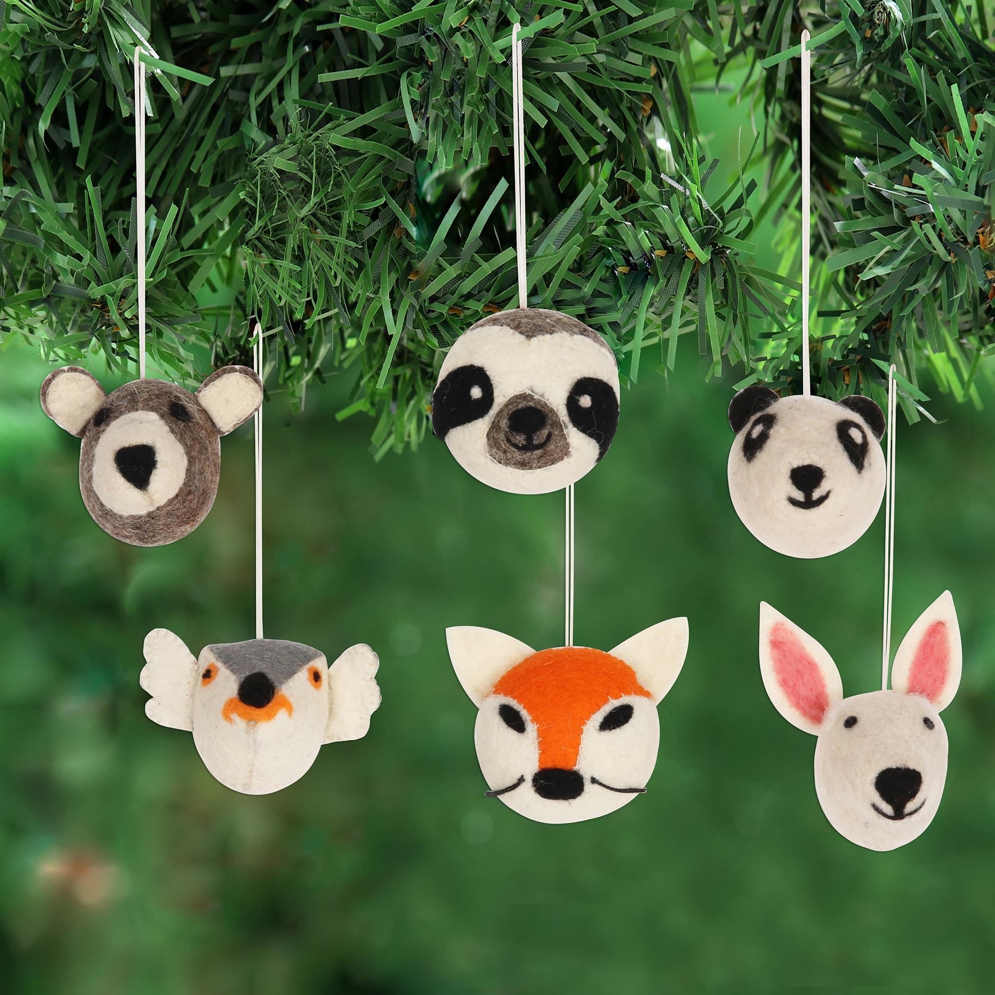 NOVICA Happy Animals Hand Crafted Animal Face Wool Felt Ornaments (Set Of 6)