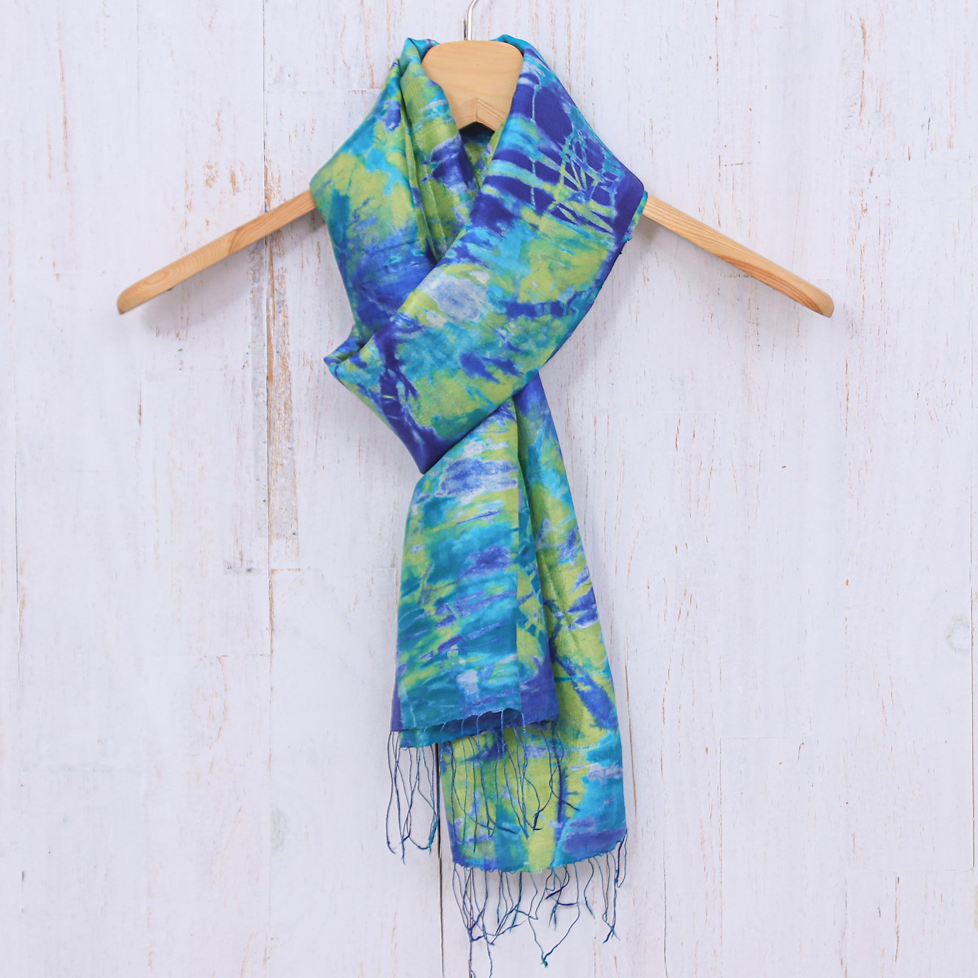 NOVICA Smiling Sea Fringed Tie-Dyed Silk Scarf