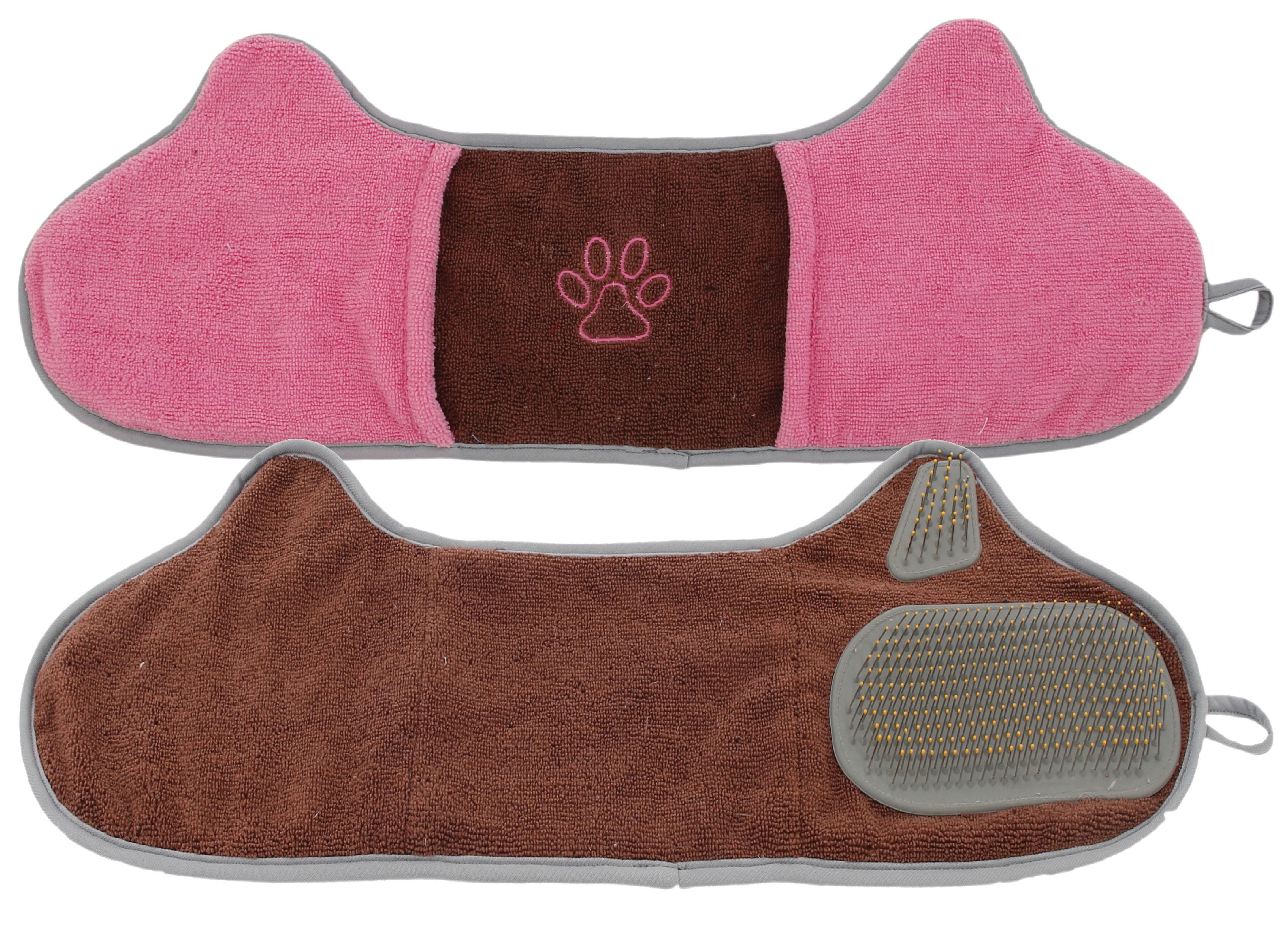 Pet Life ® 'Bryer' 2-in-1 Hand-Inserted Microfiber Pet Grooming Towel And Brush - One Size - Brown / Pink