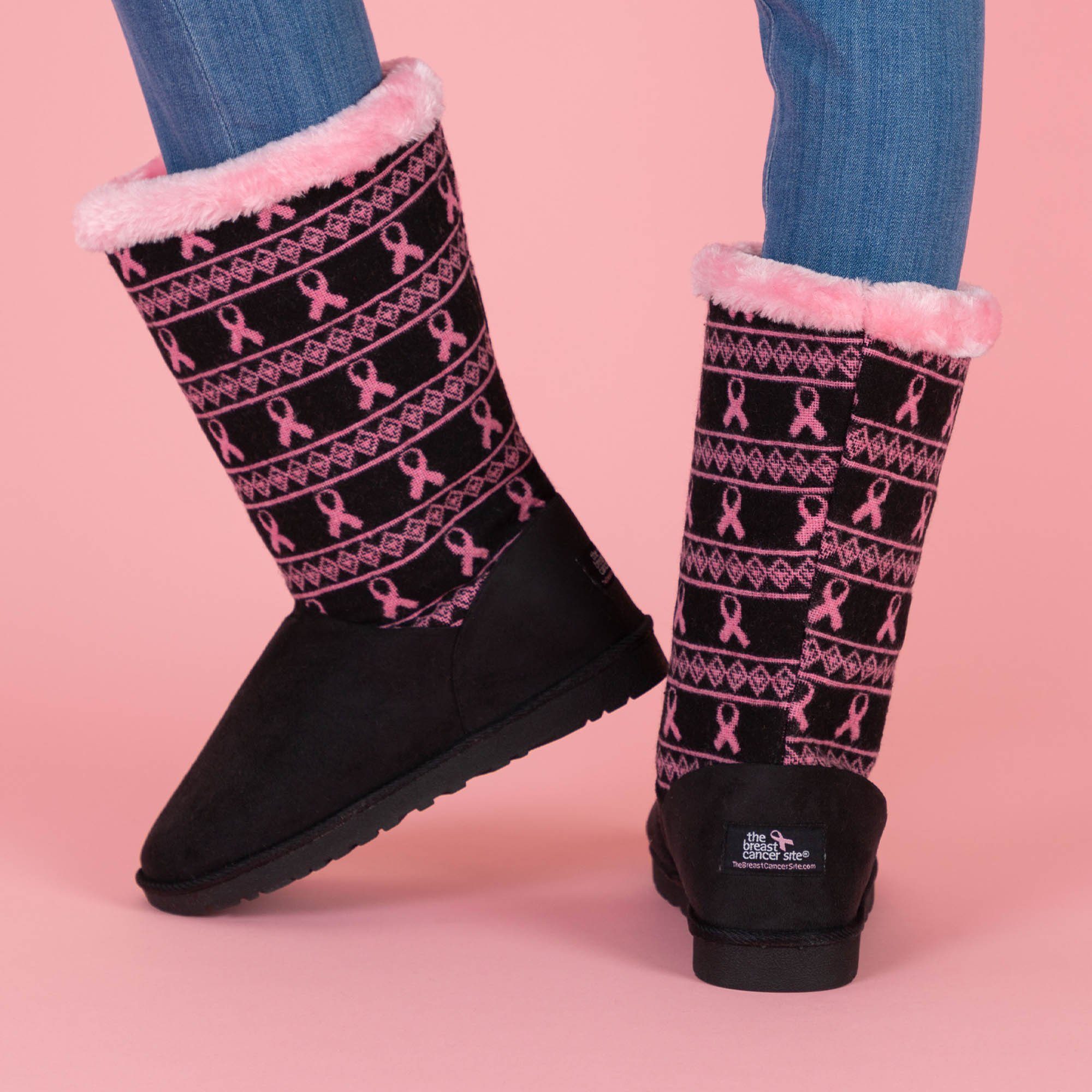 Women's Pink Ribbon Black Knit Boots L Breast Cancer Awareness Shoes - 9