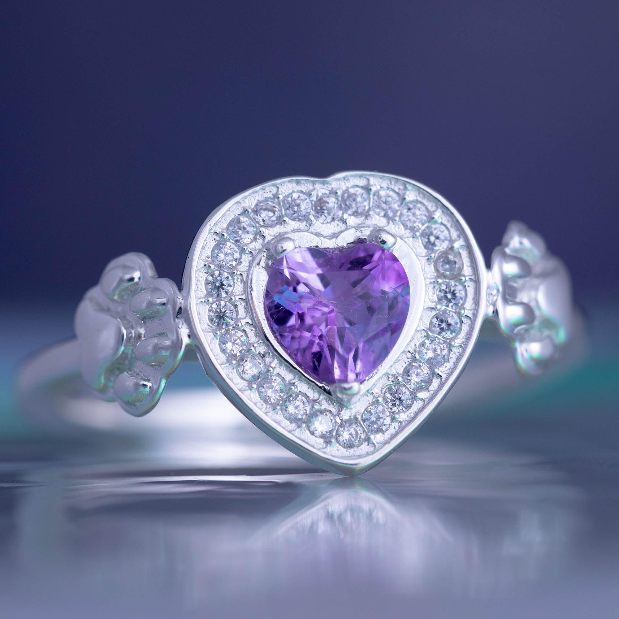 Sterling Silver & Amethyst Paw Print Heart Ring - 8