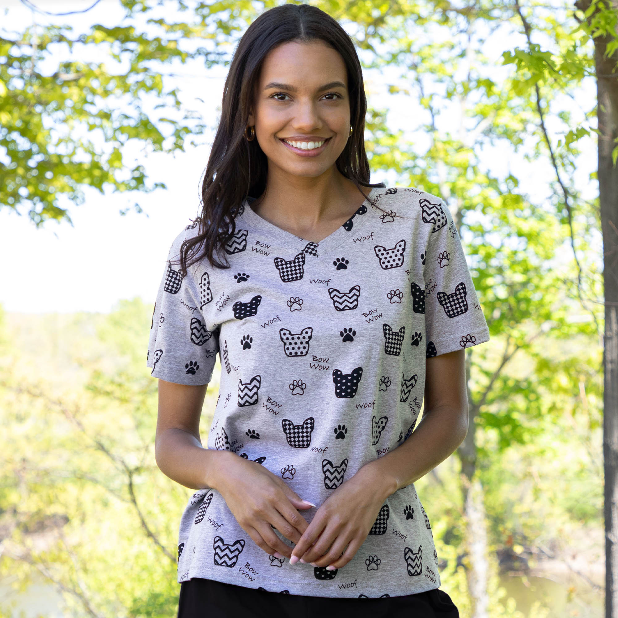 Women's Cat & Dog Print V-Neck T-Shirt - Grey - Cat - L