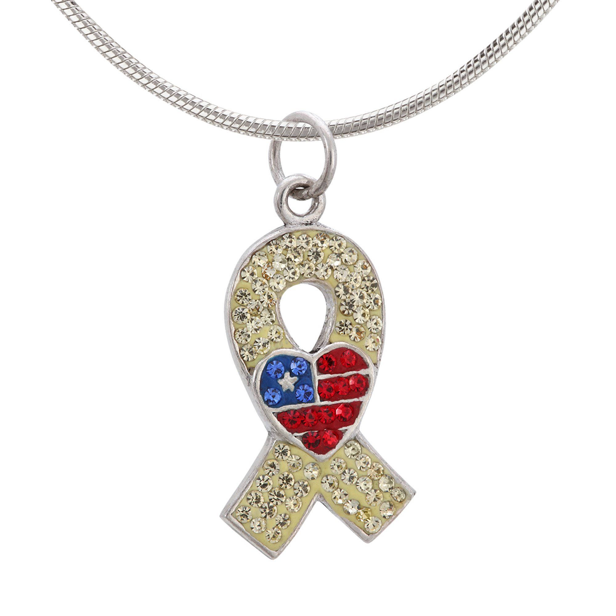 American Heart Yellow Ribbon Crystal & Sterling Necklace - With Sterling Cable Chain