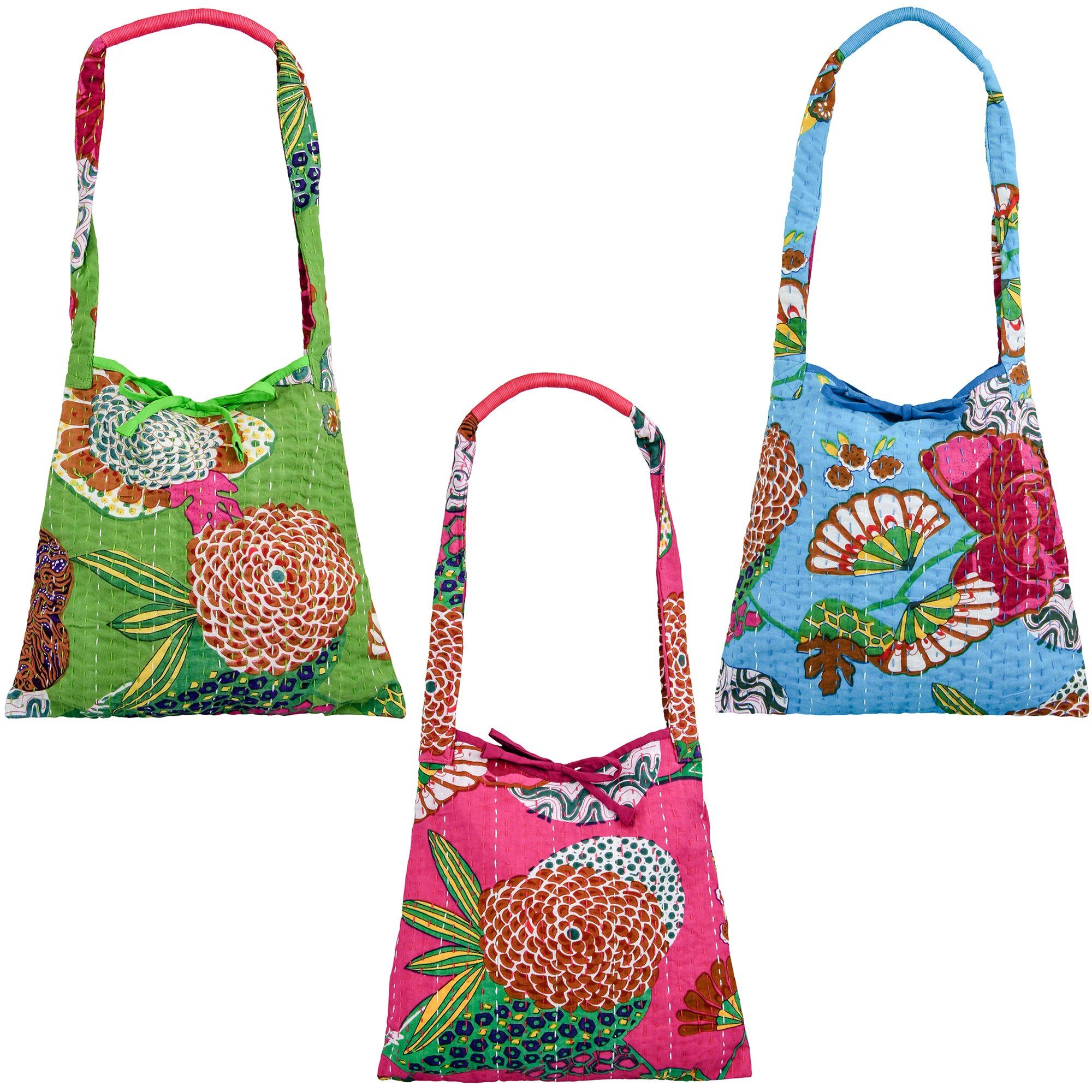 Bright Hand Stitched Kantha Hobo Bag - Pink