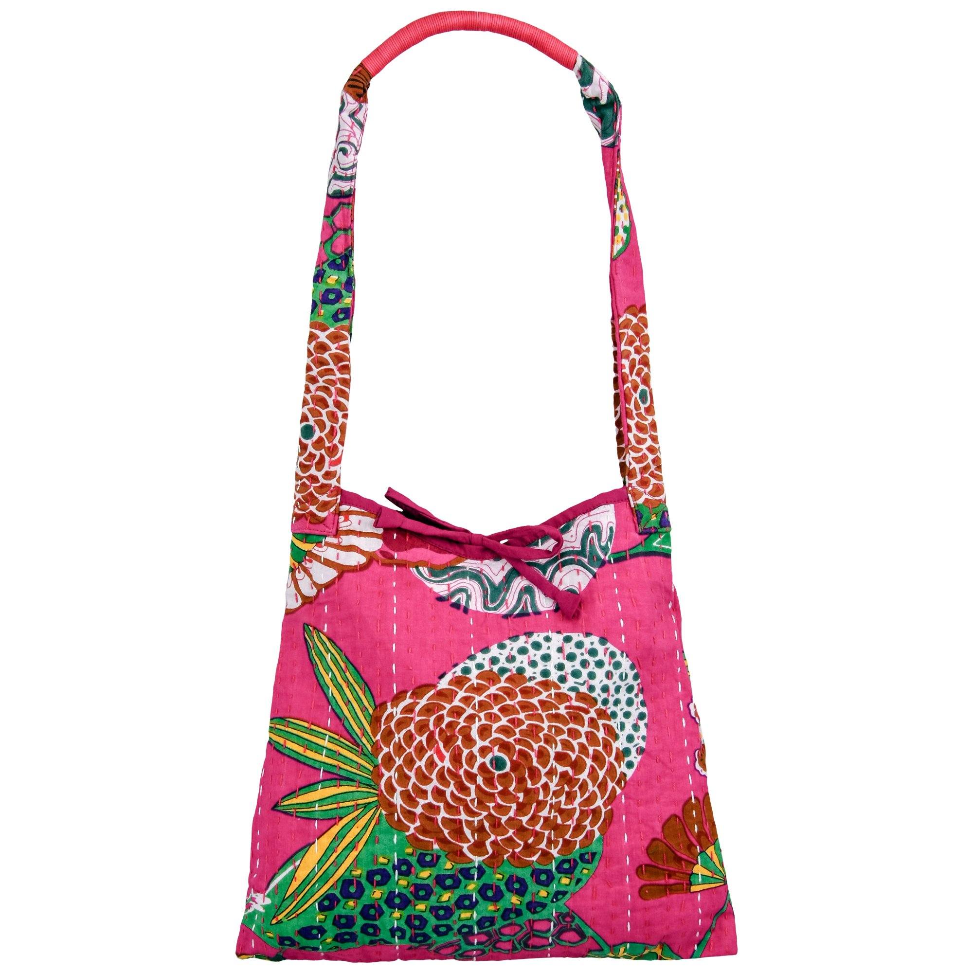 Bright Hand Stitched Kantha Hobo Bag - Pink