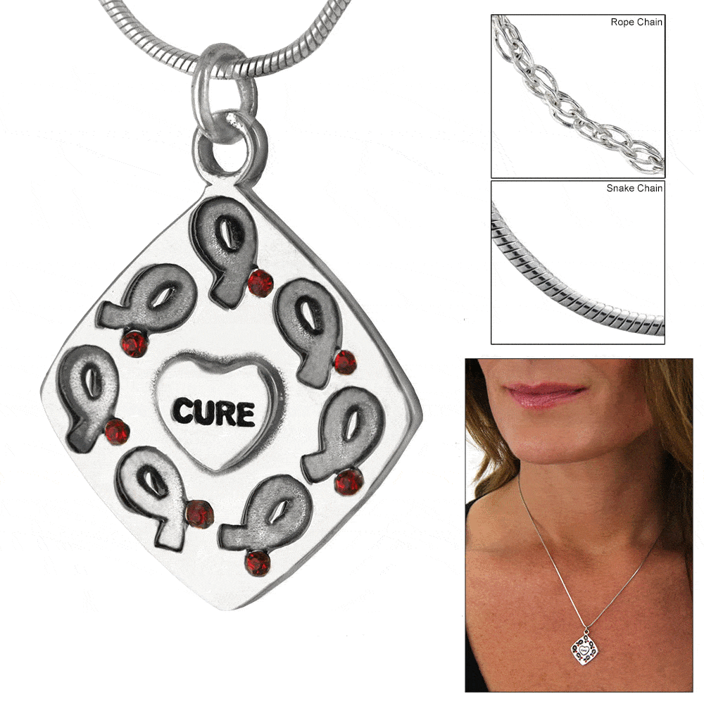 Dancing Ribbons Cure Diabetes Sterling Necklace - With Snake Chain
